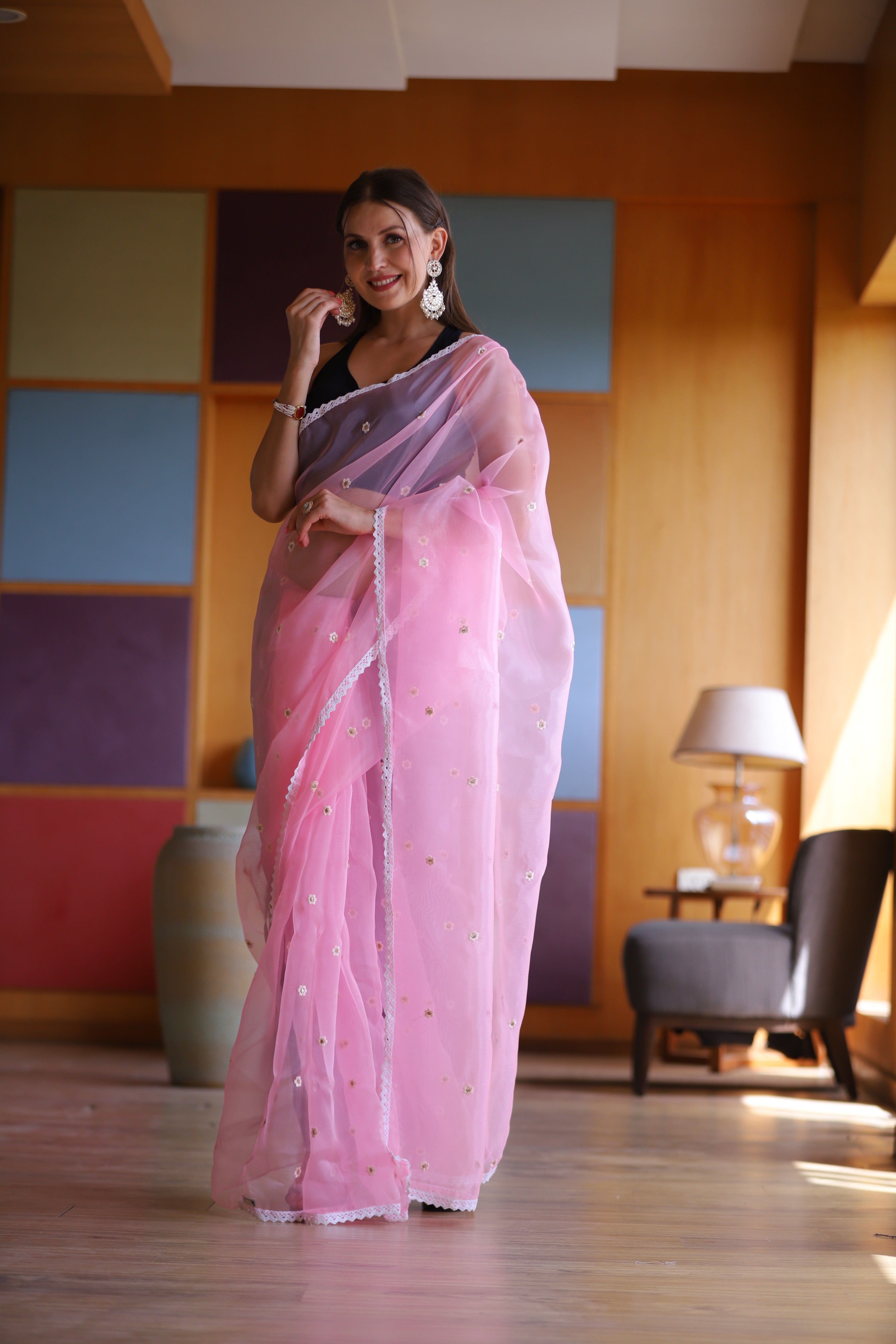 Pink Oragnza Saree With Satin Benglori Blouse