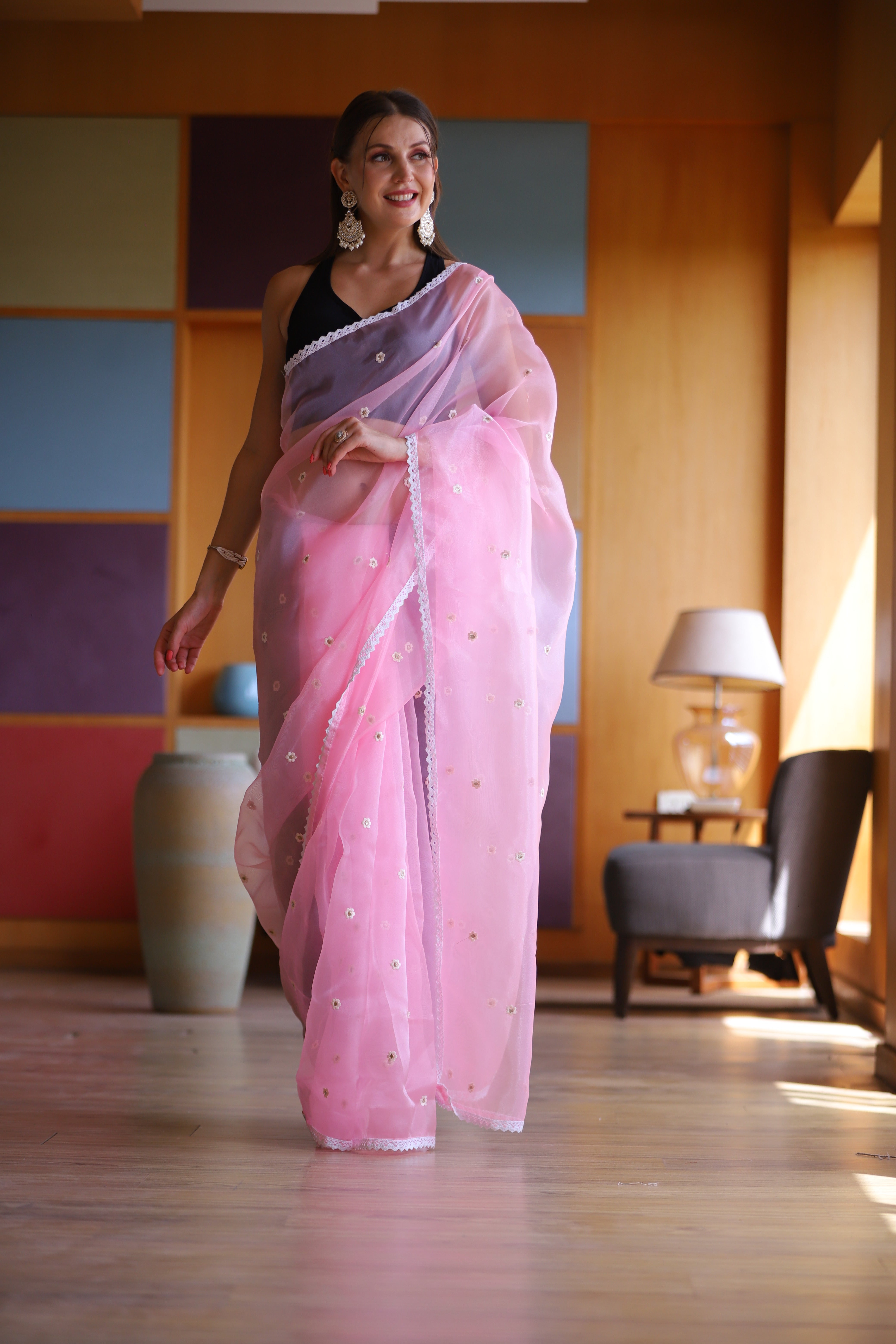 Pink Oragnza Saree With Satin Benglori Blouse