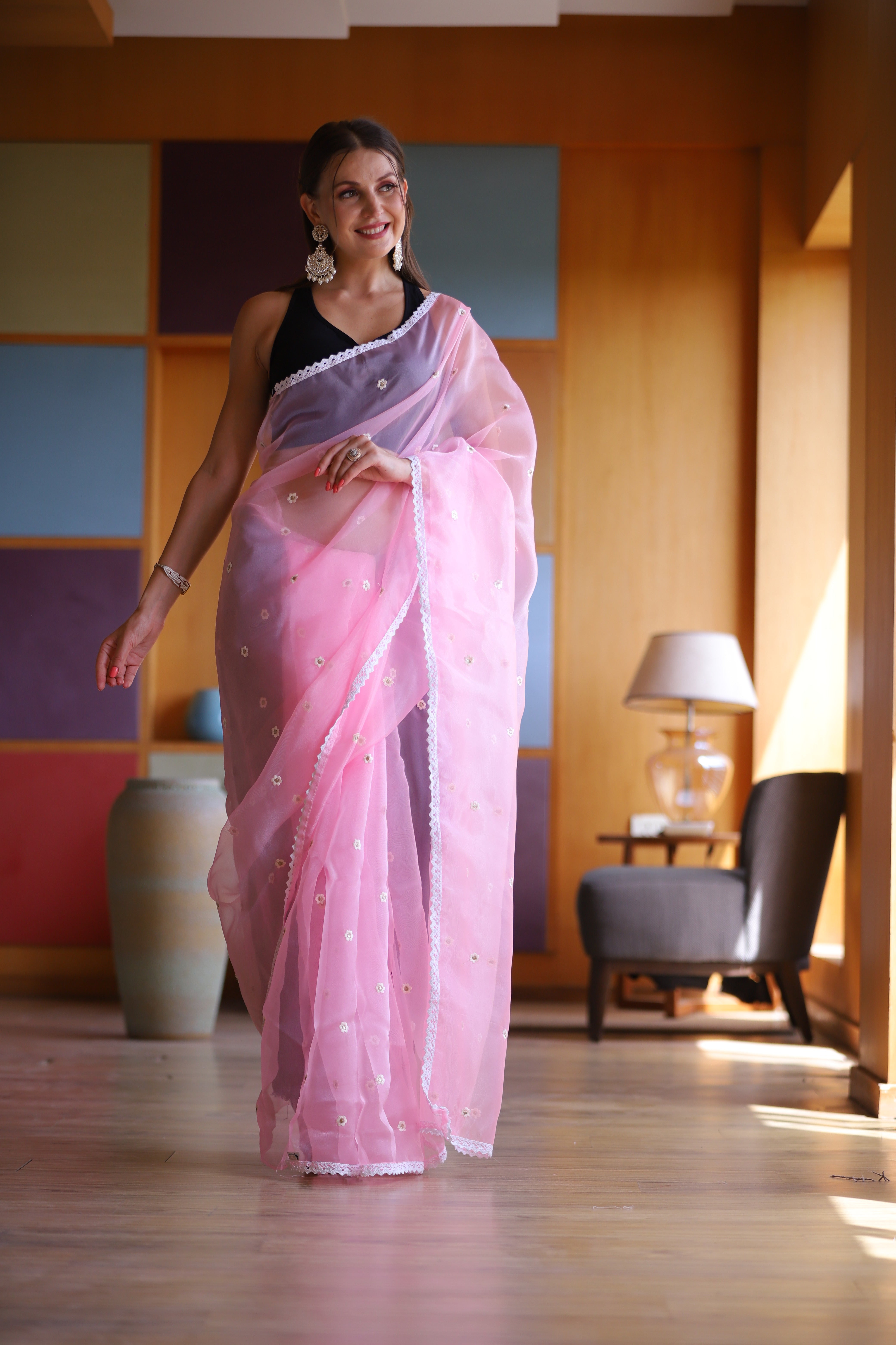 Pink Oragnza Saree With Satin Benglori Blouse