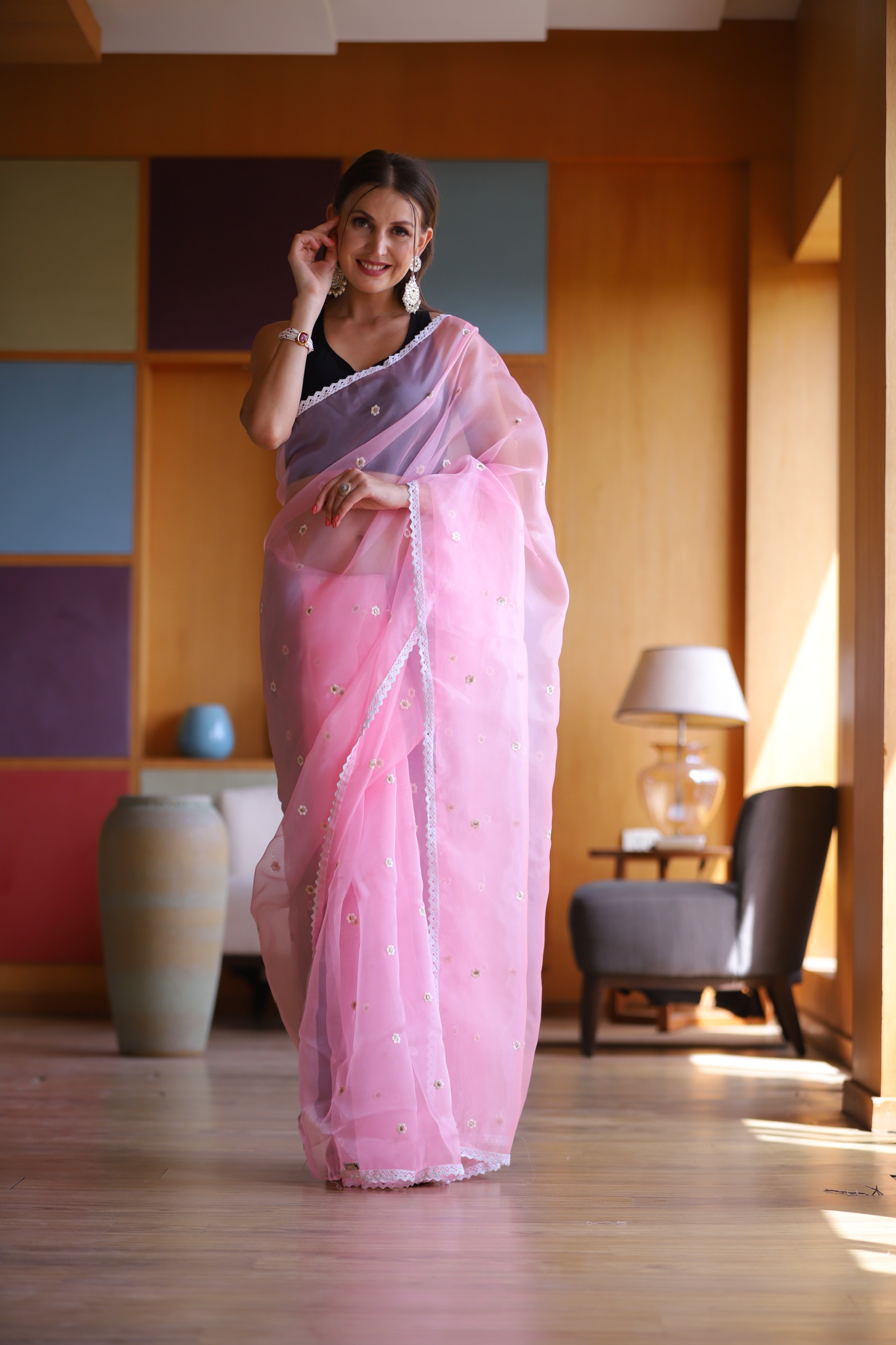 Pink Oragnza Saree With Satin Benglori Blouse