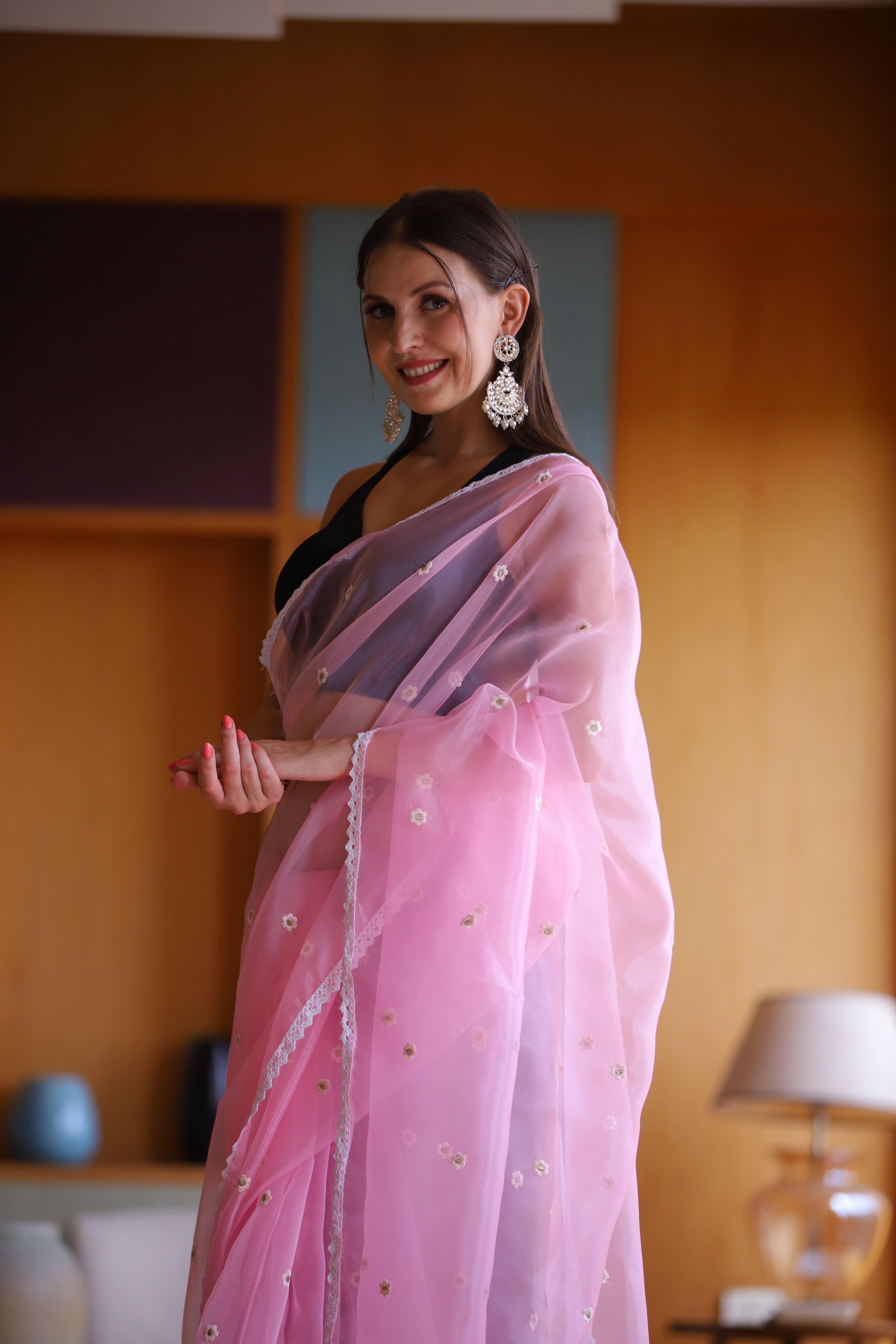 Pink Oragnza Saree With Satin Benglori Blouse