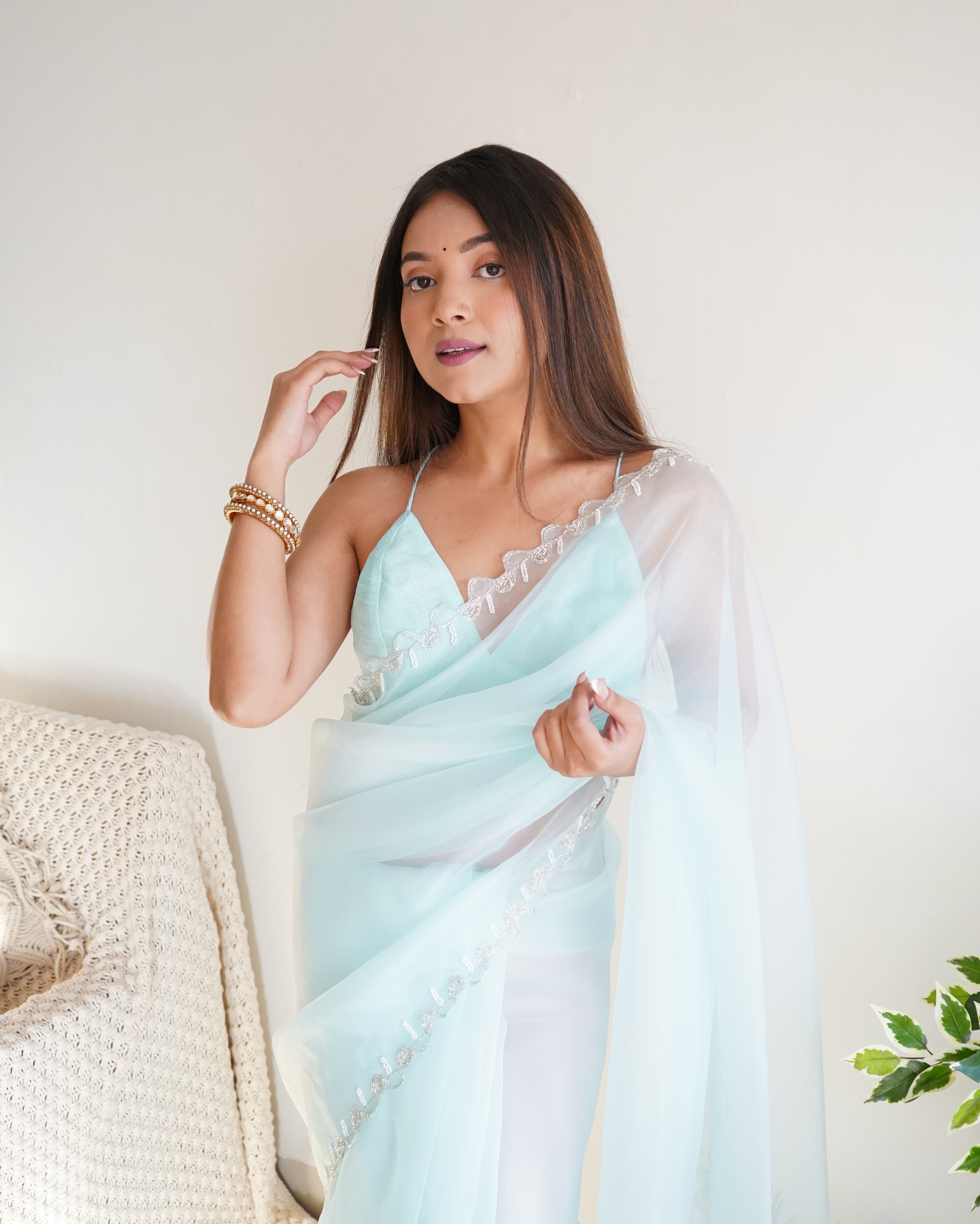 Sky Organza Saree With Chikankari Blouse