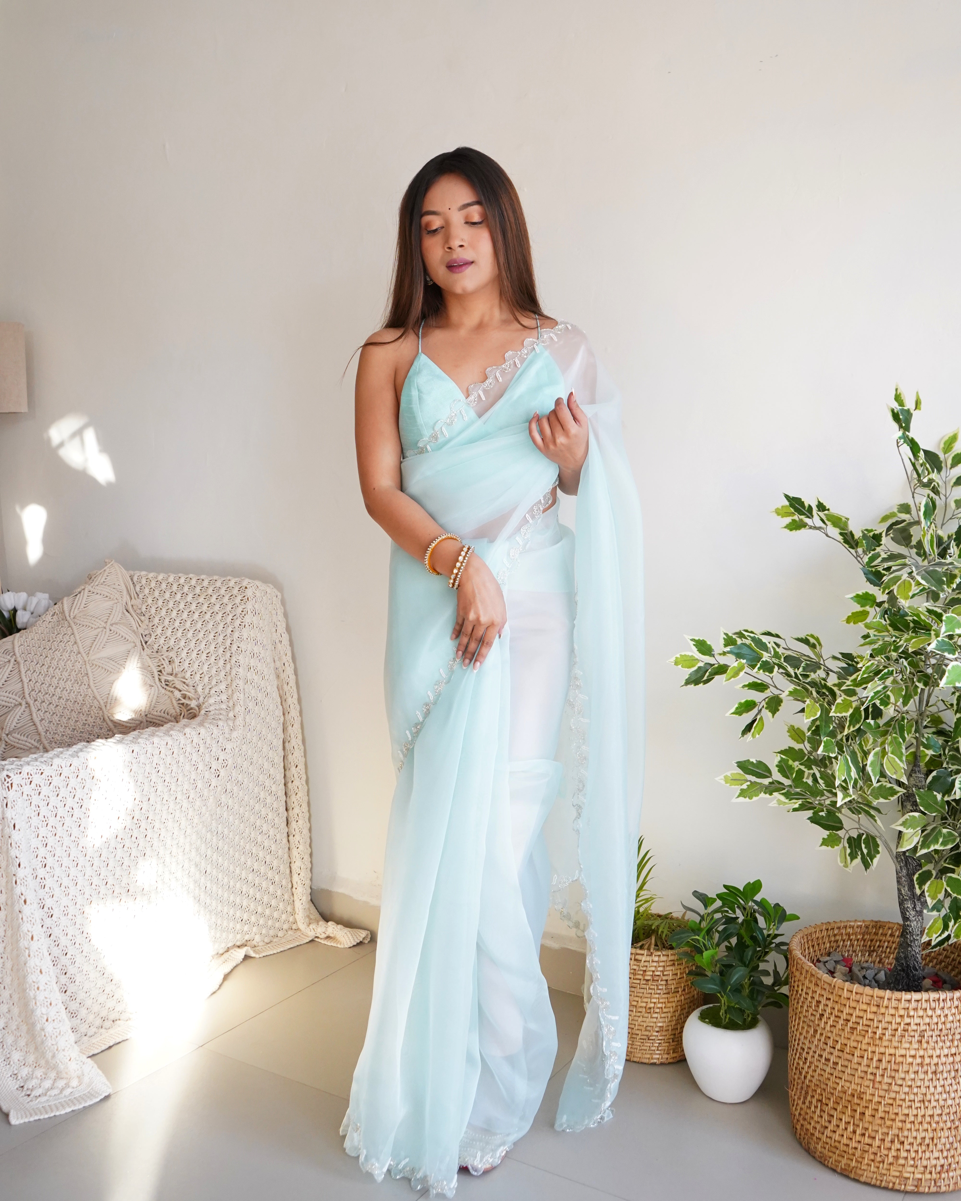 Sky Organza Saree With Chikankari Blouse