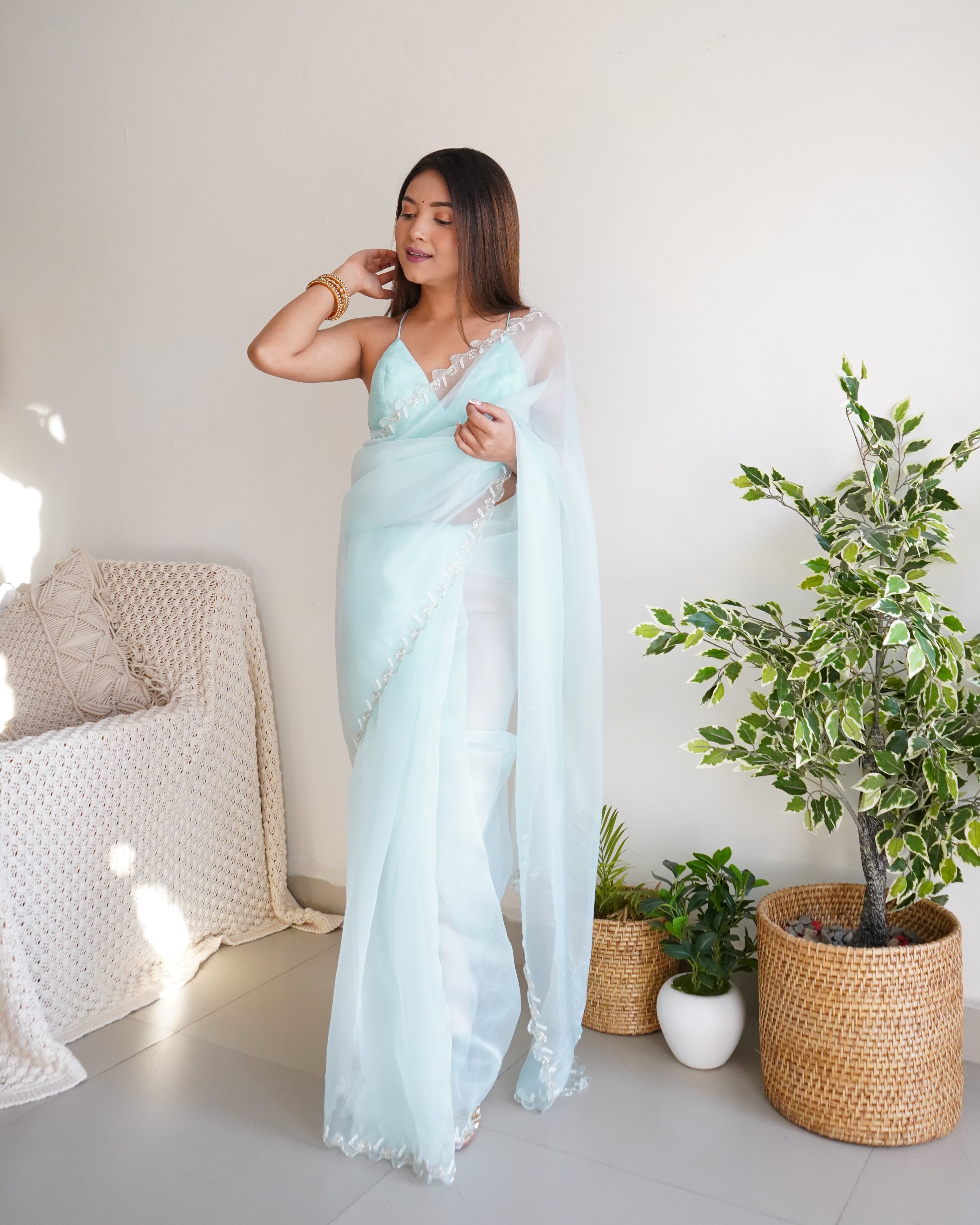 Sky Organza Saree With Chikankari Blouse