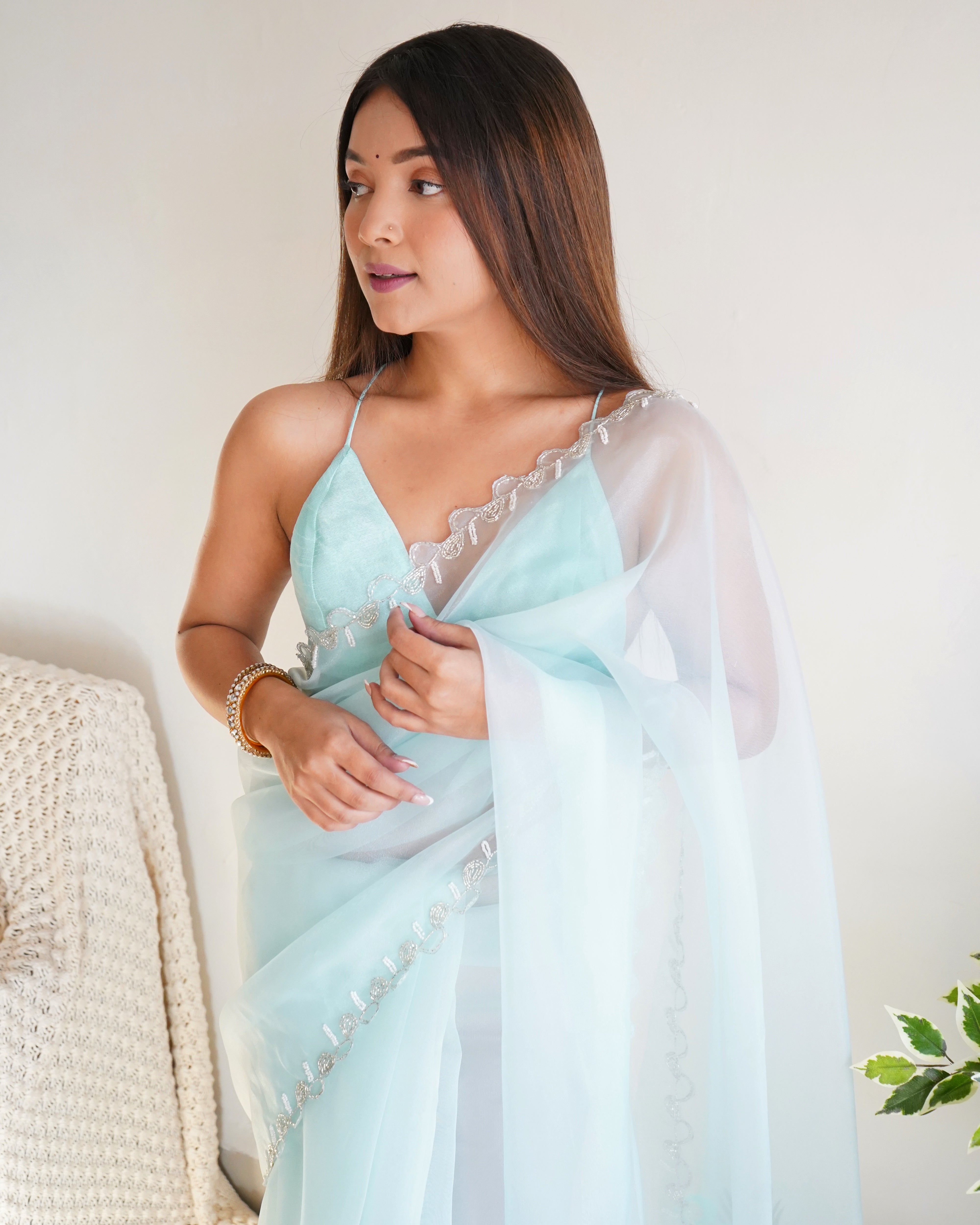 Sky Organza Saree With Chikankari Blouse