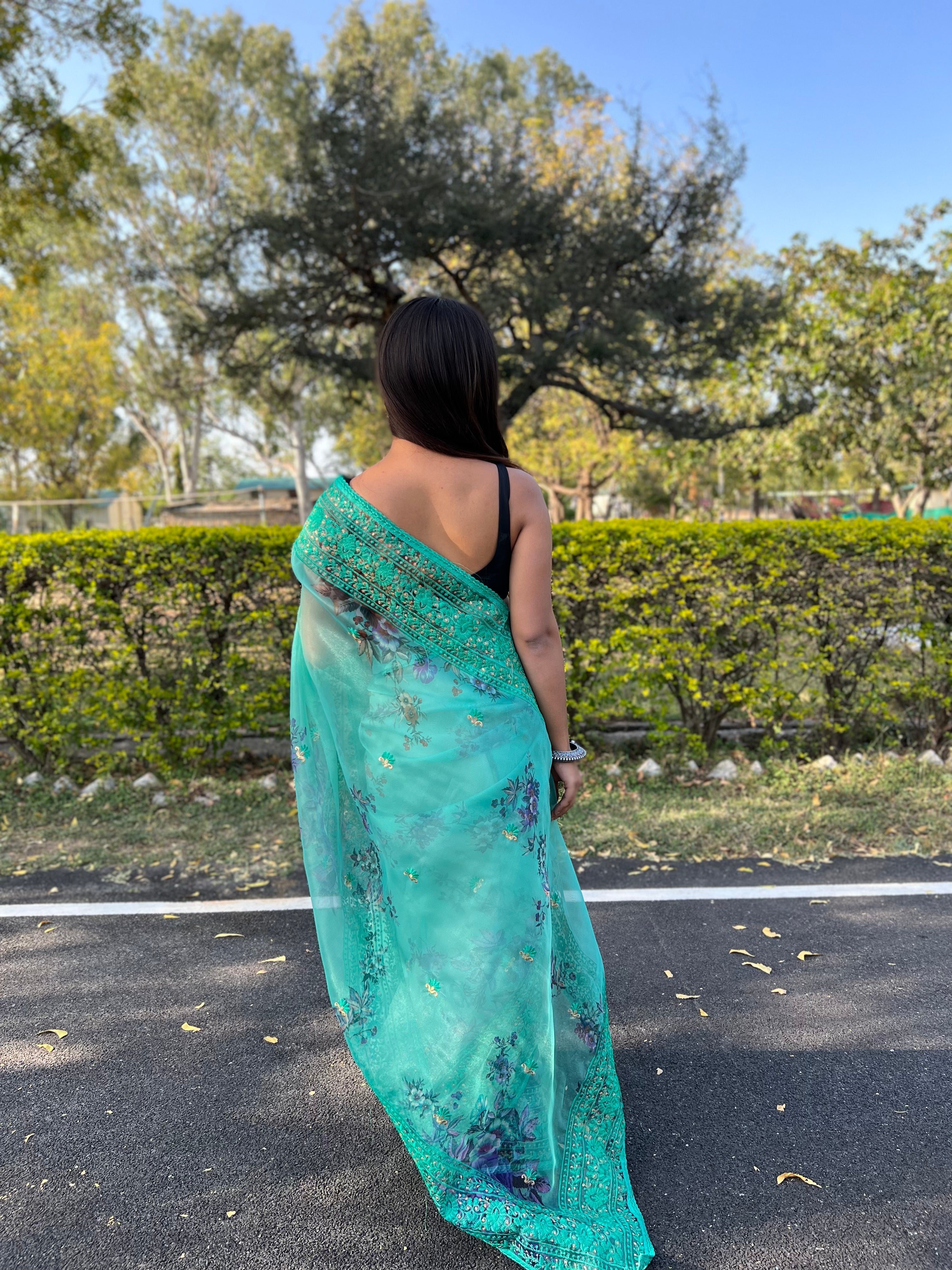 BLUE Organza Saree With Satin Benglori Blouse