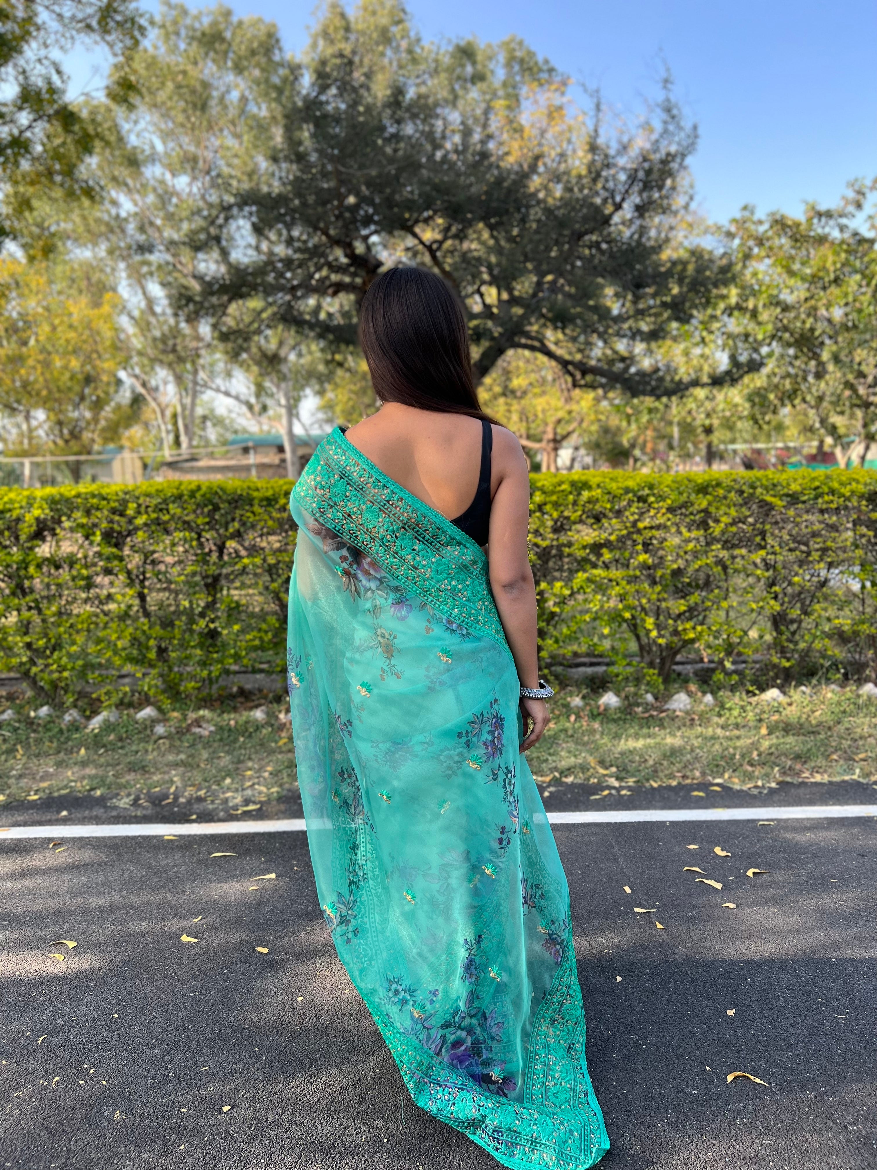 BLUE Organza Saree With Satin Benglori Blouse