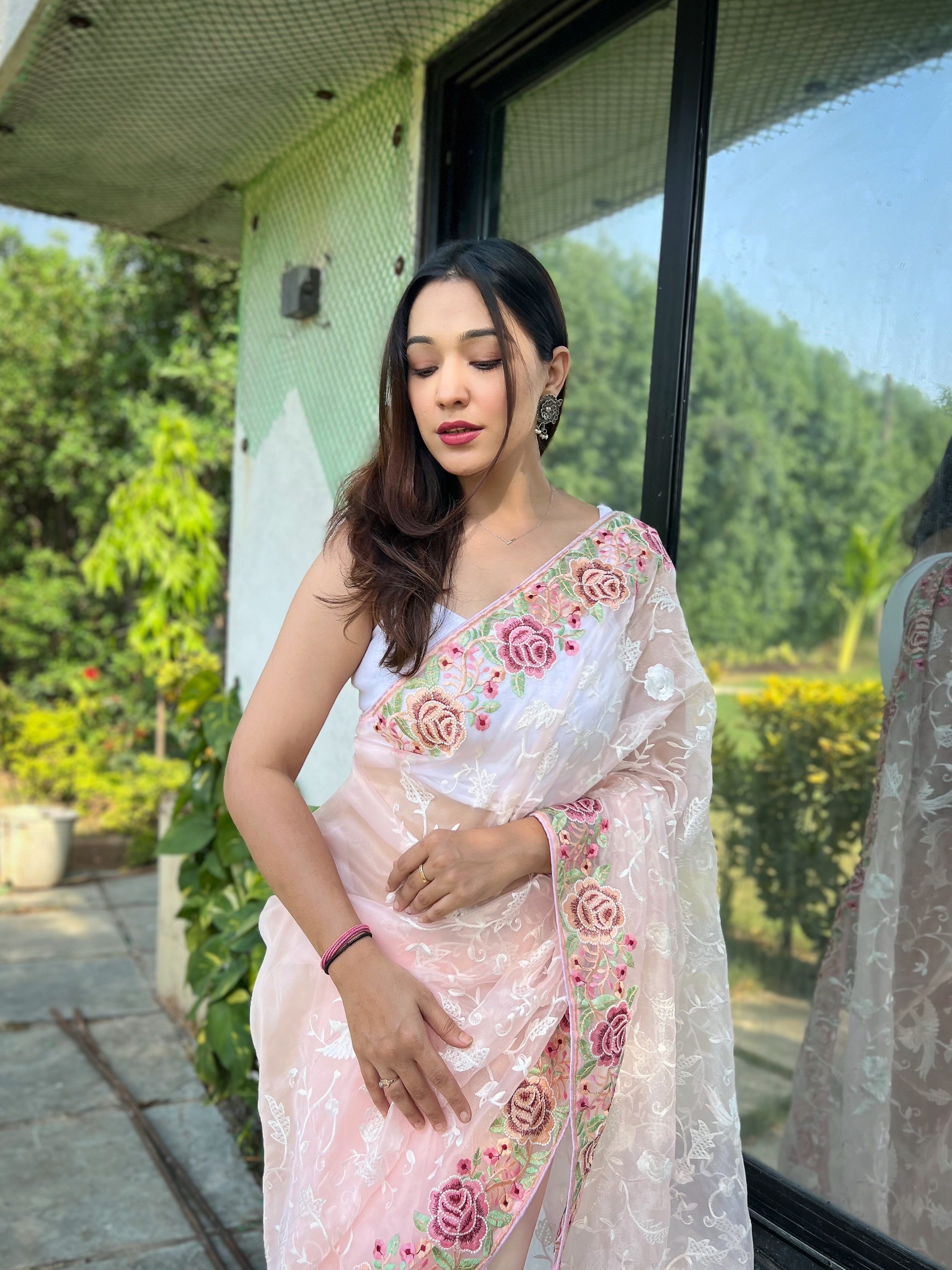 Pink Organza silk Saree With Satin Banglori Blouse