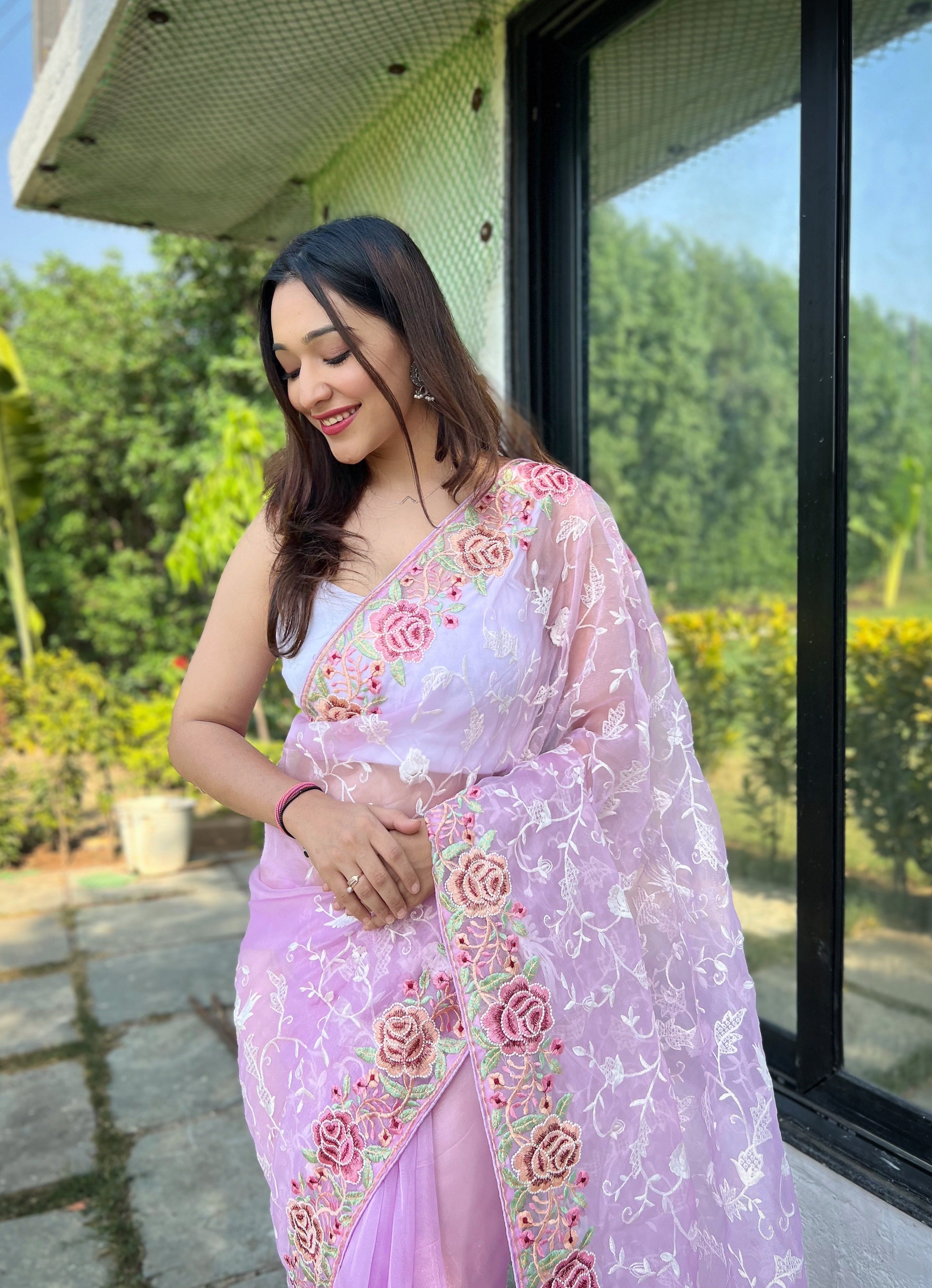 Lavender Organza silk Saree With Satin Banglori Blouse