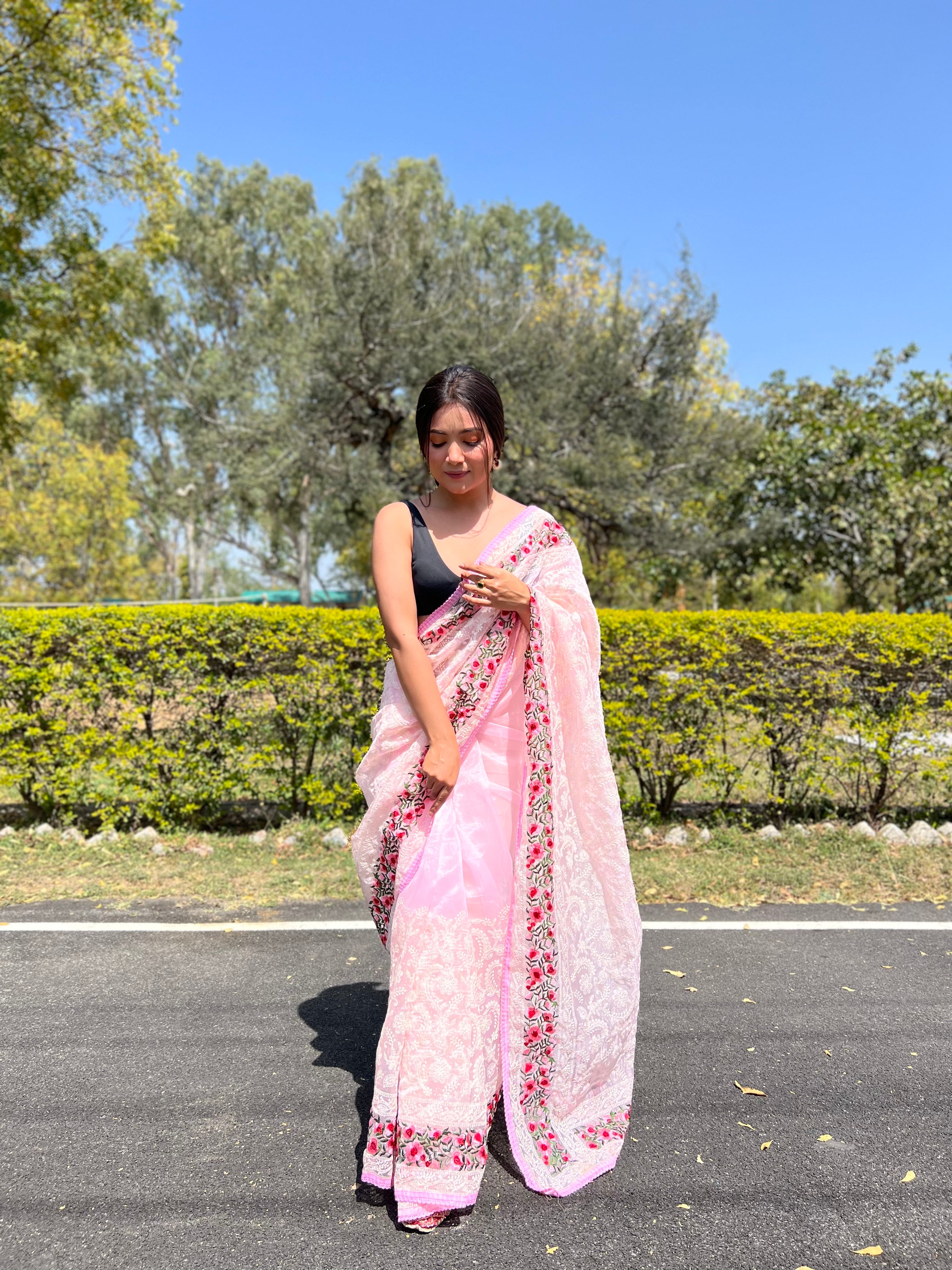 Pink Organza Saree With Satin Banglori Blouse