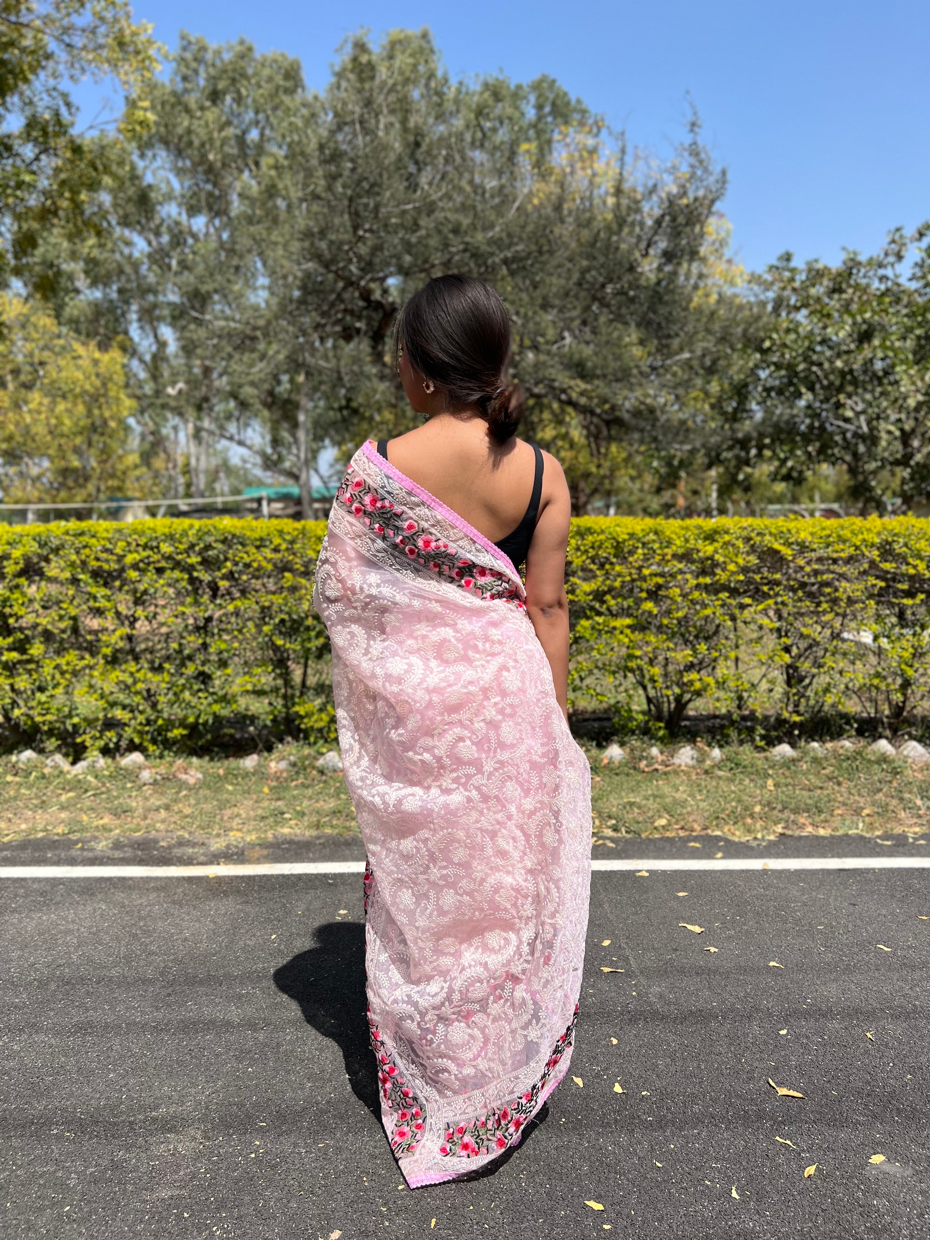 Pink Organza Saree With Satin Banglori Blouse