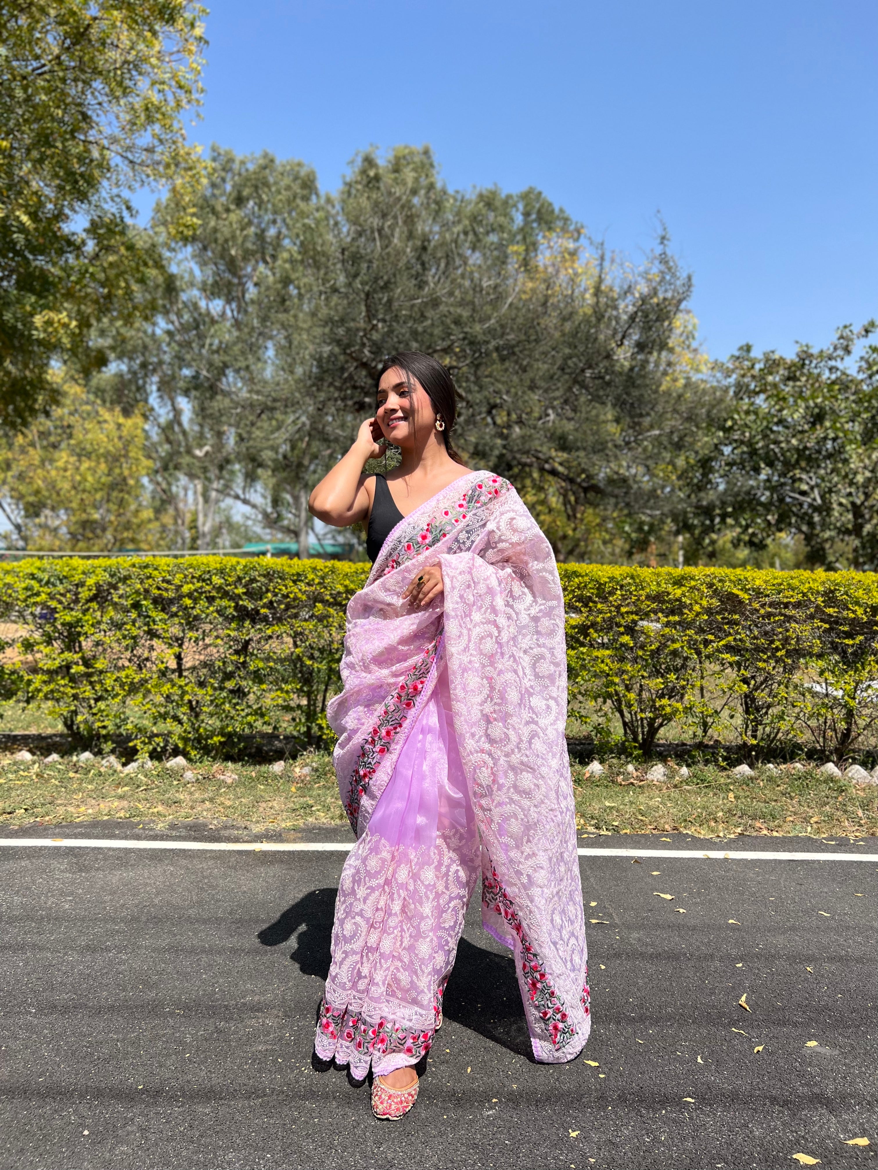 Purple Organza Saree With Satin Banglori Blouse
