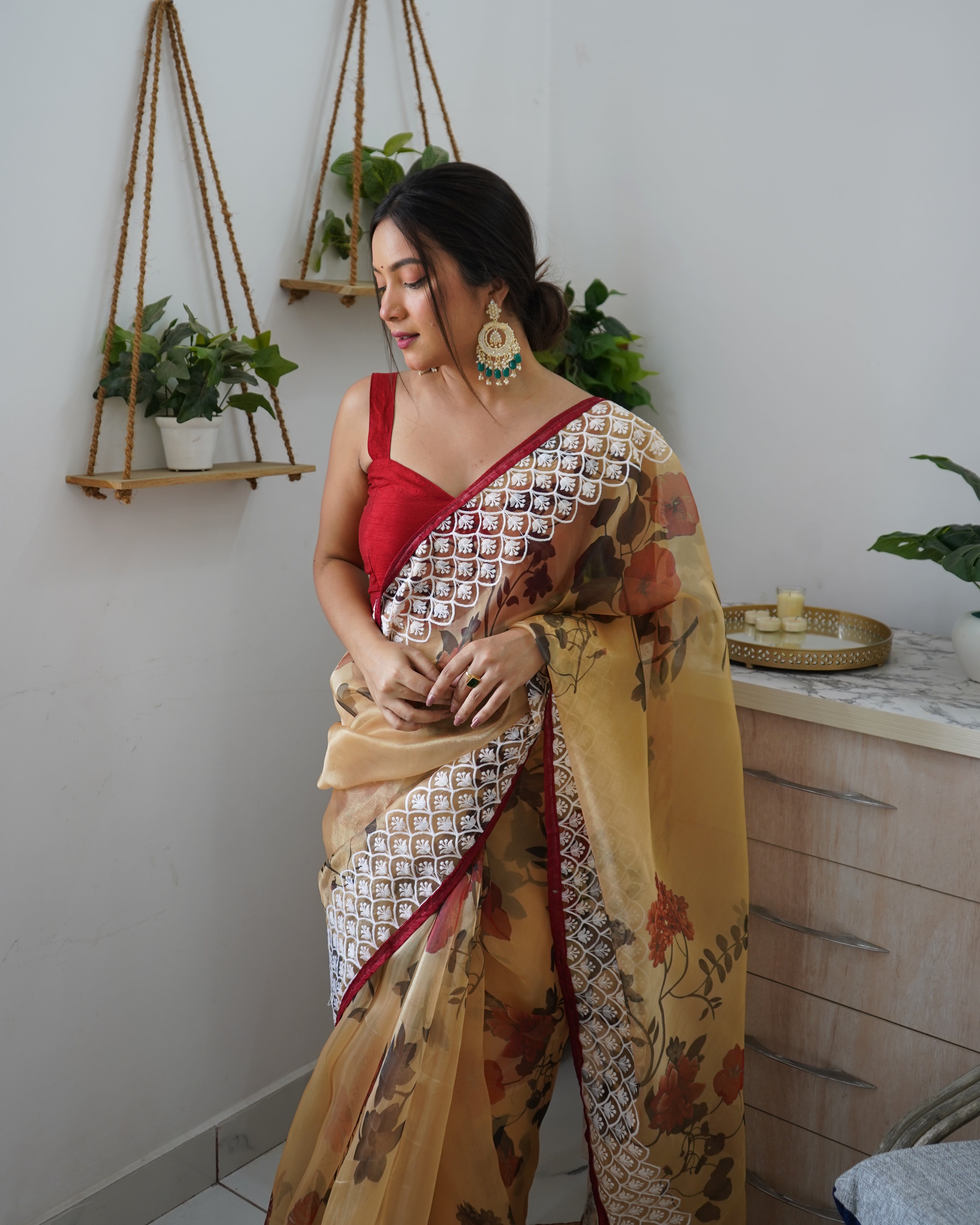 Brown Organza Saree With Satin Benglori Blouse