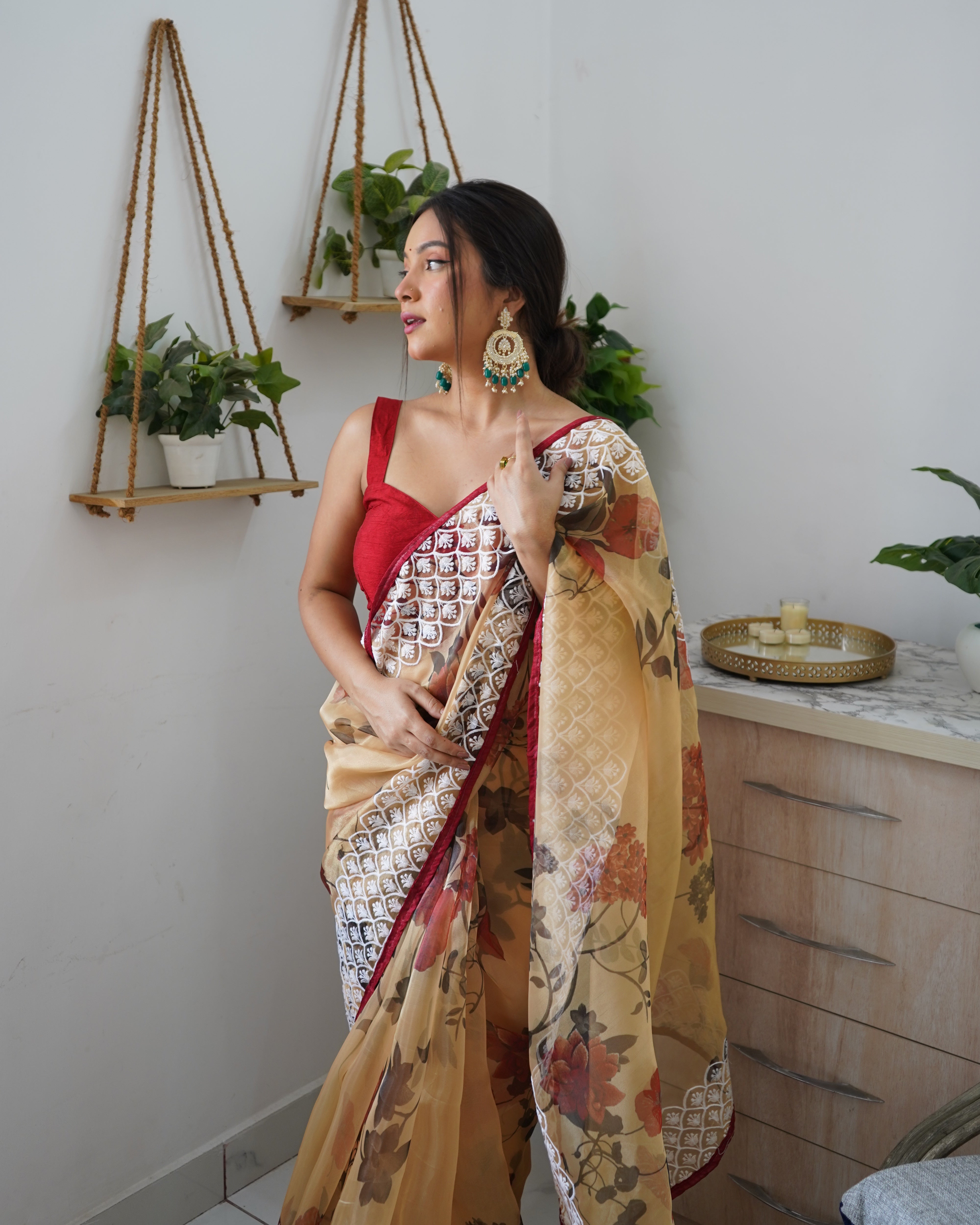 Brown Organza Saree With Satin Benglori Blouse