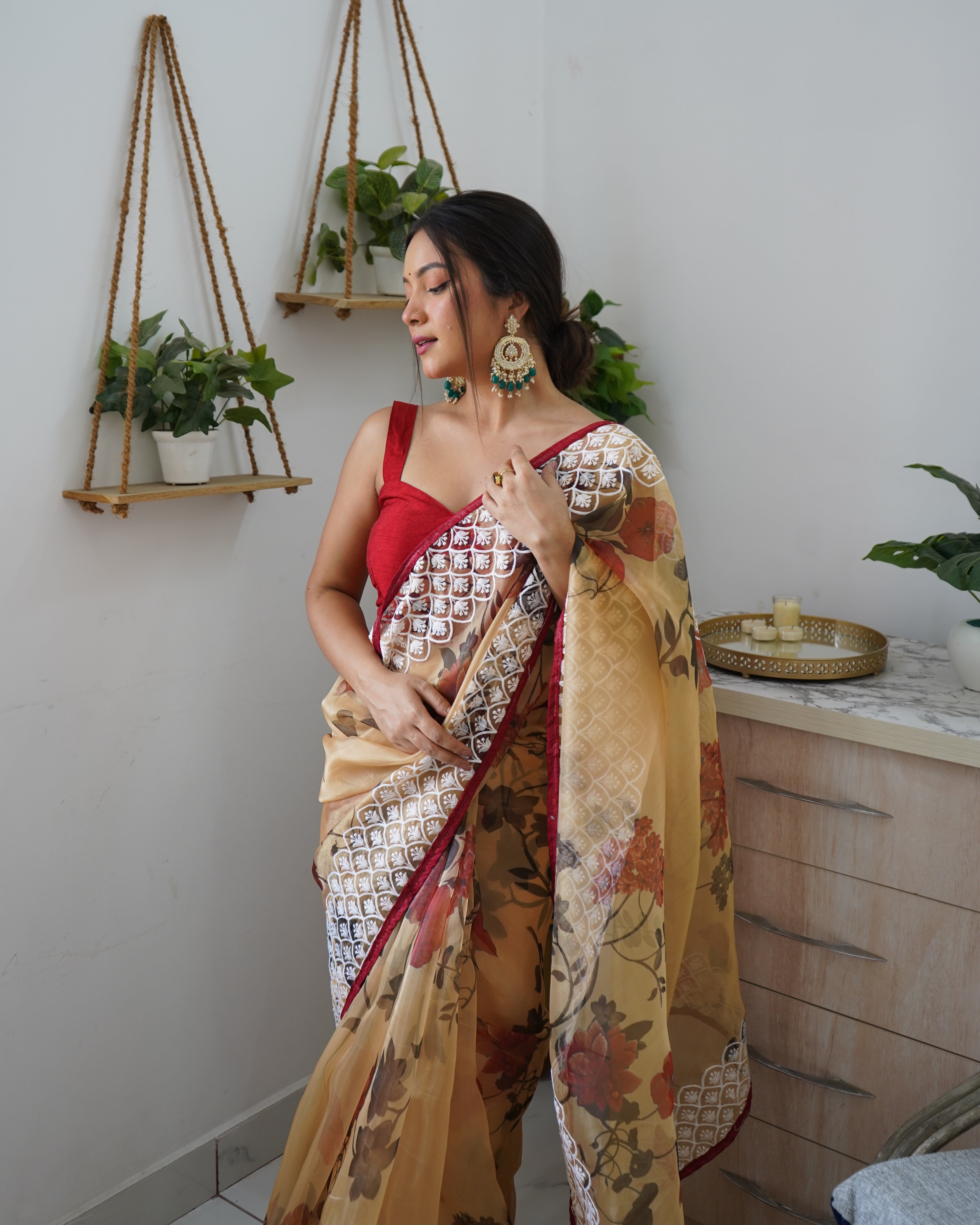 Brown Organza Saree With Satin Benglori Blouse
