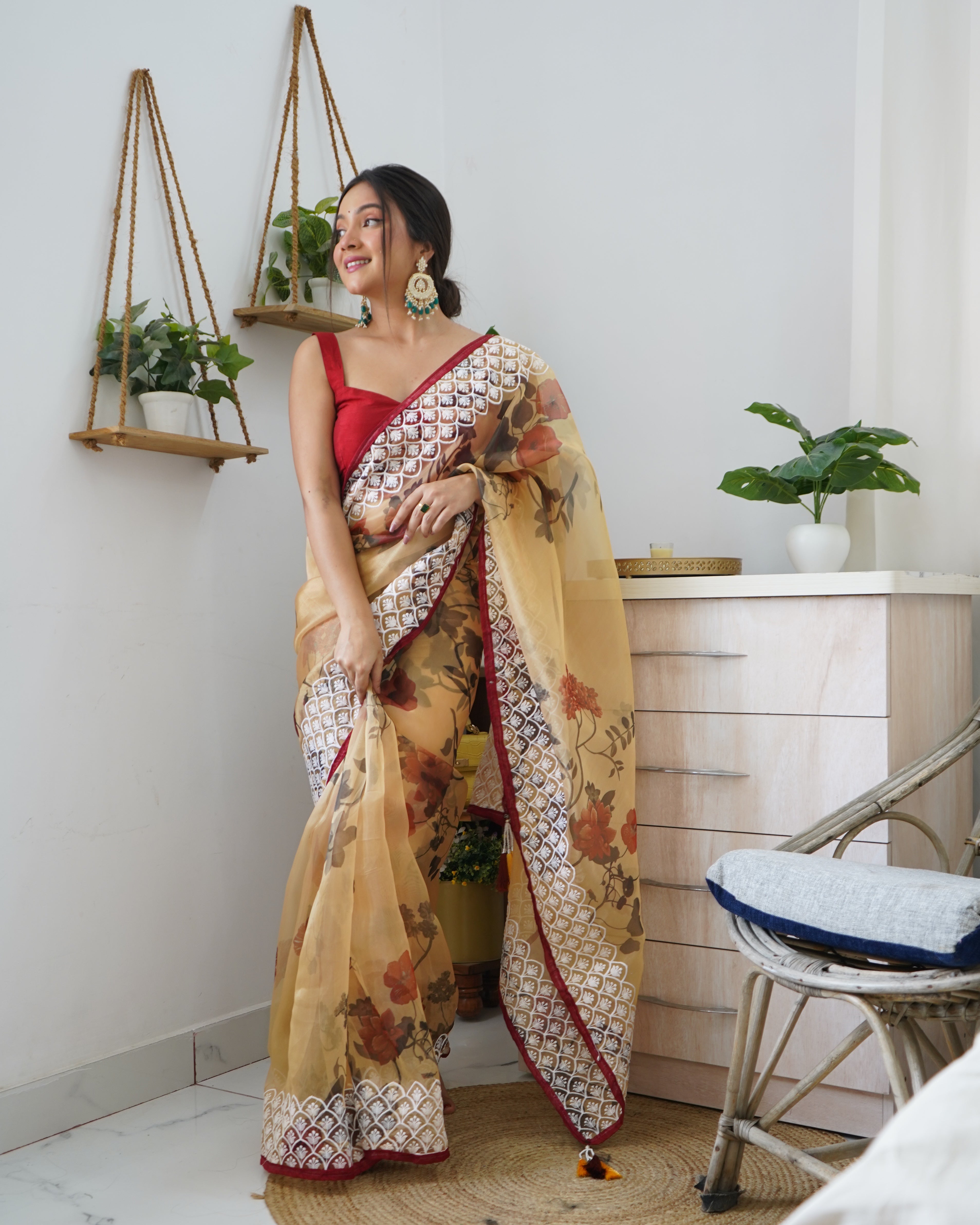 Brown Organza Saree With Satin Benglori Blouse
