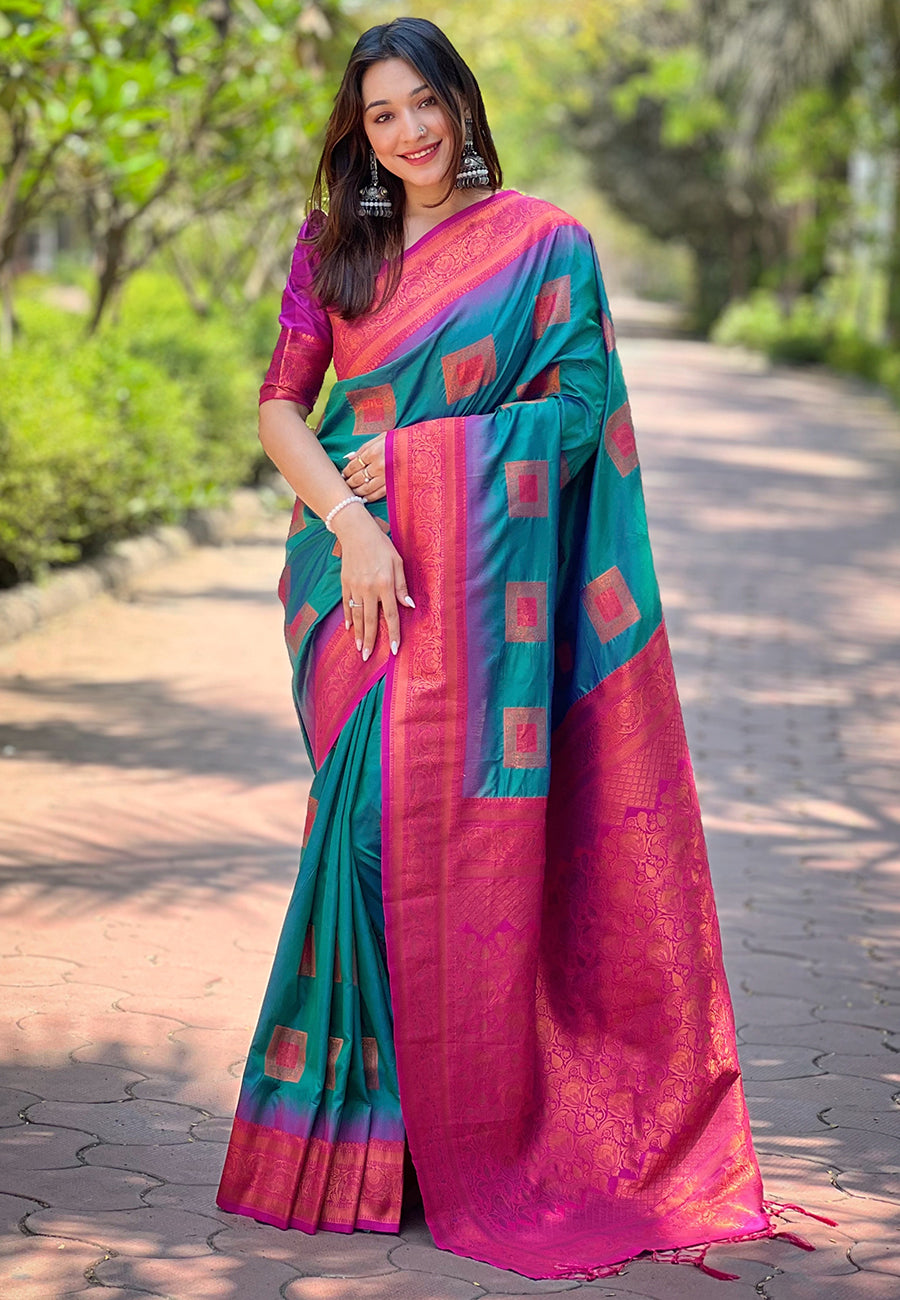 Teal Soft Silk Zari Border Saree
