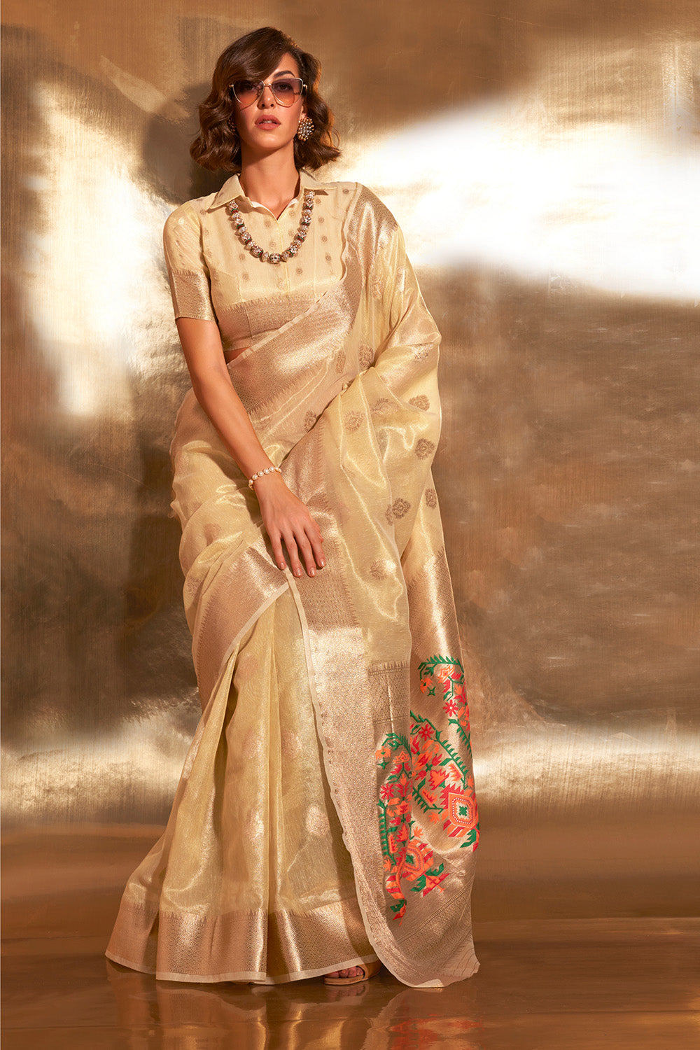 Buy Cream White Linen Saree Nitaraa