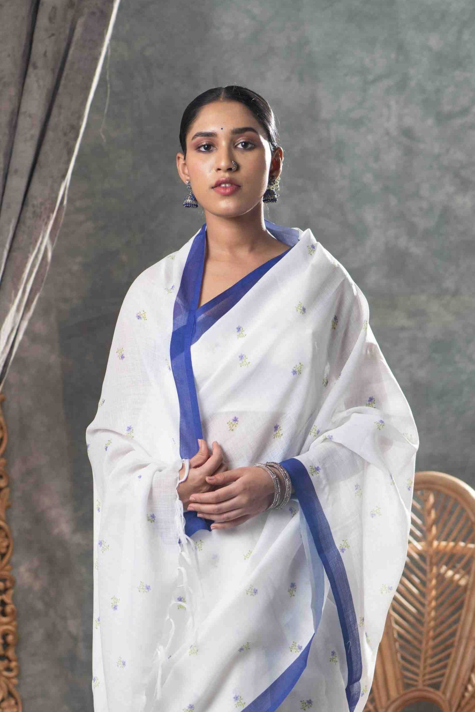 White Printed Cotton Saree