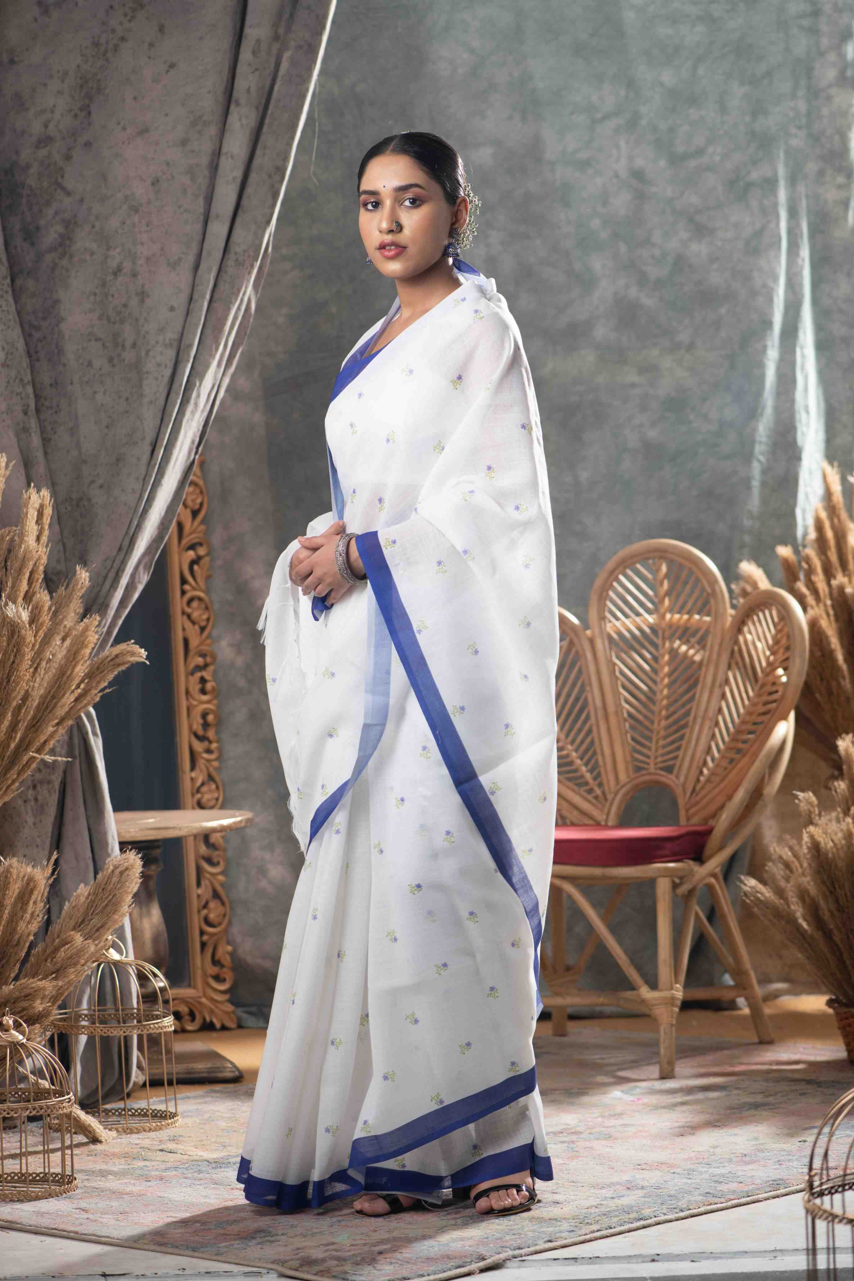 White Printed Cotton Saree