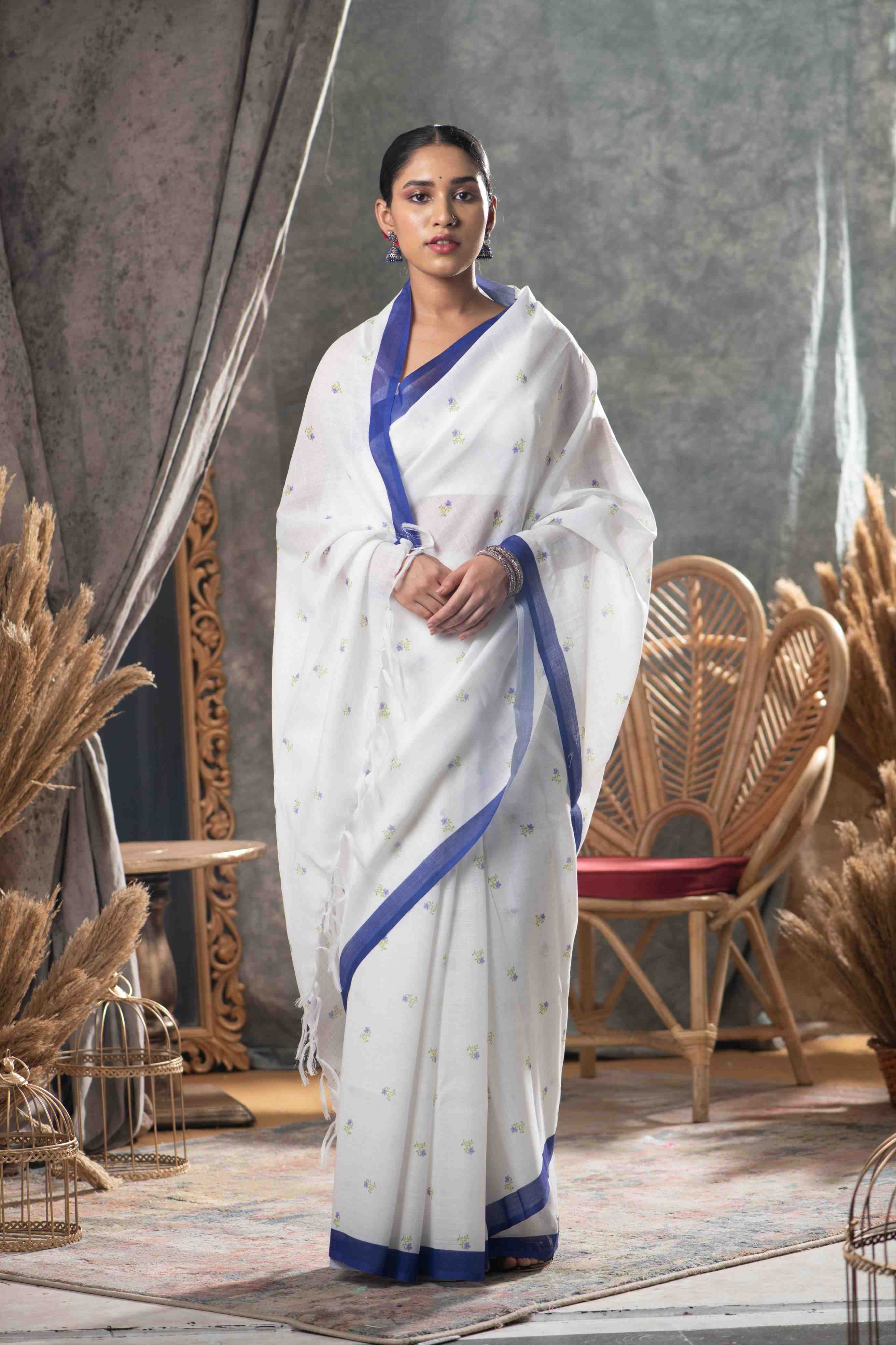 White Printed Cotton Saree