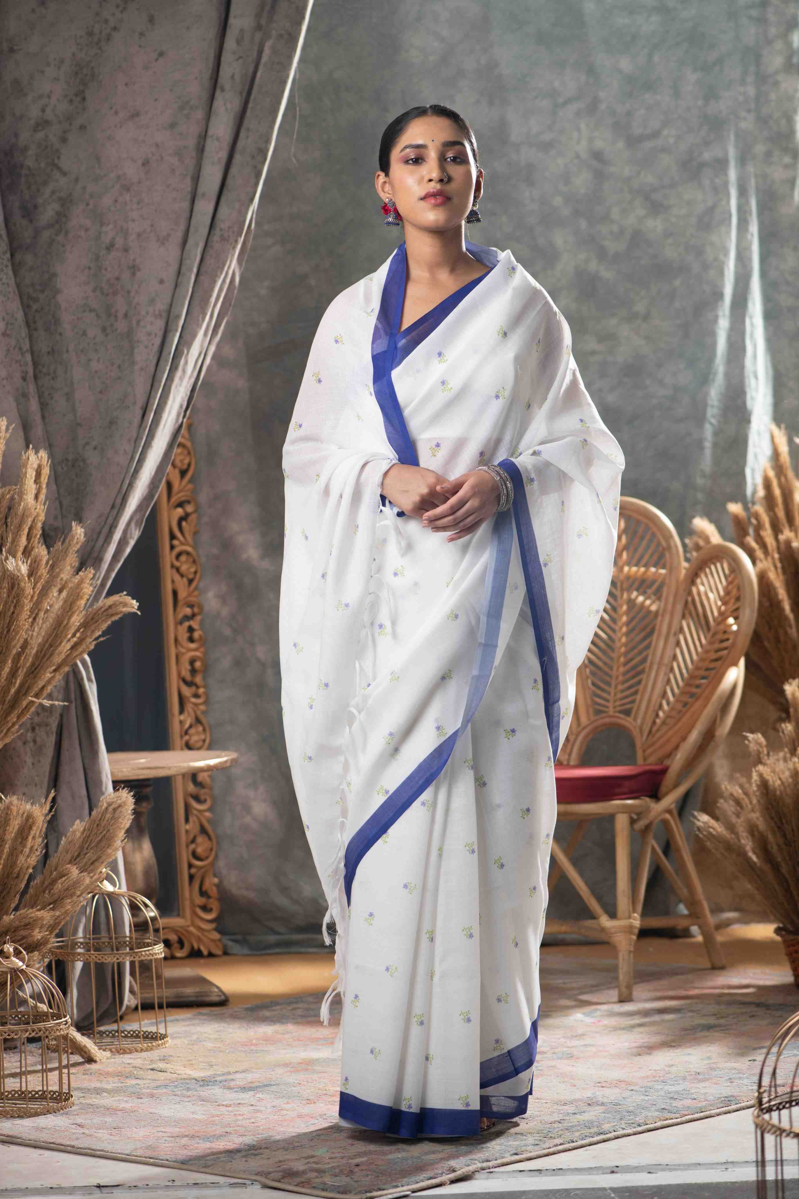 White Printed Cotton Saree
