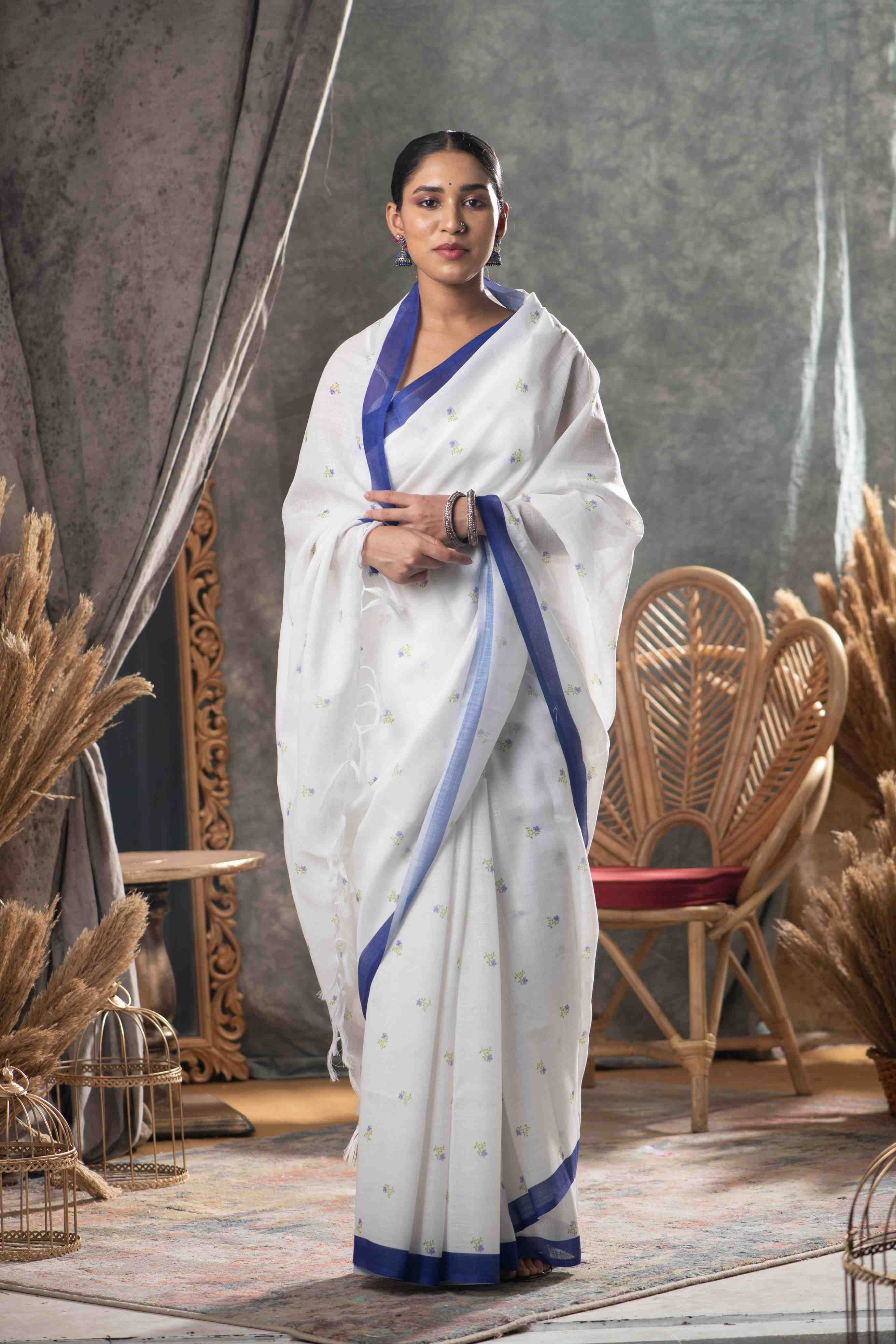 White Printed Cotton Saree