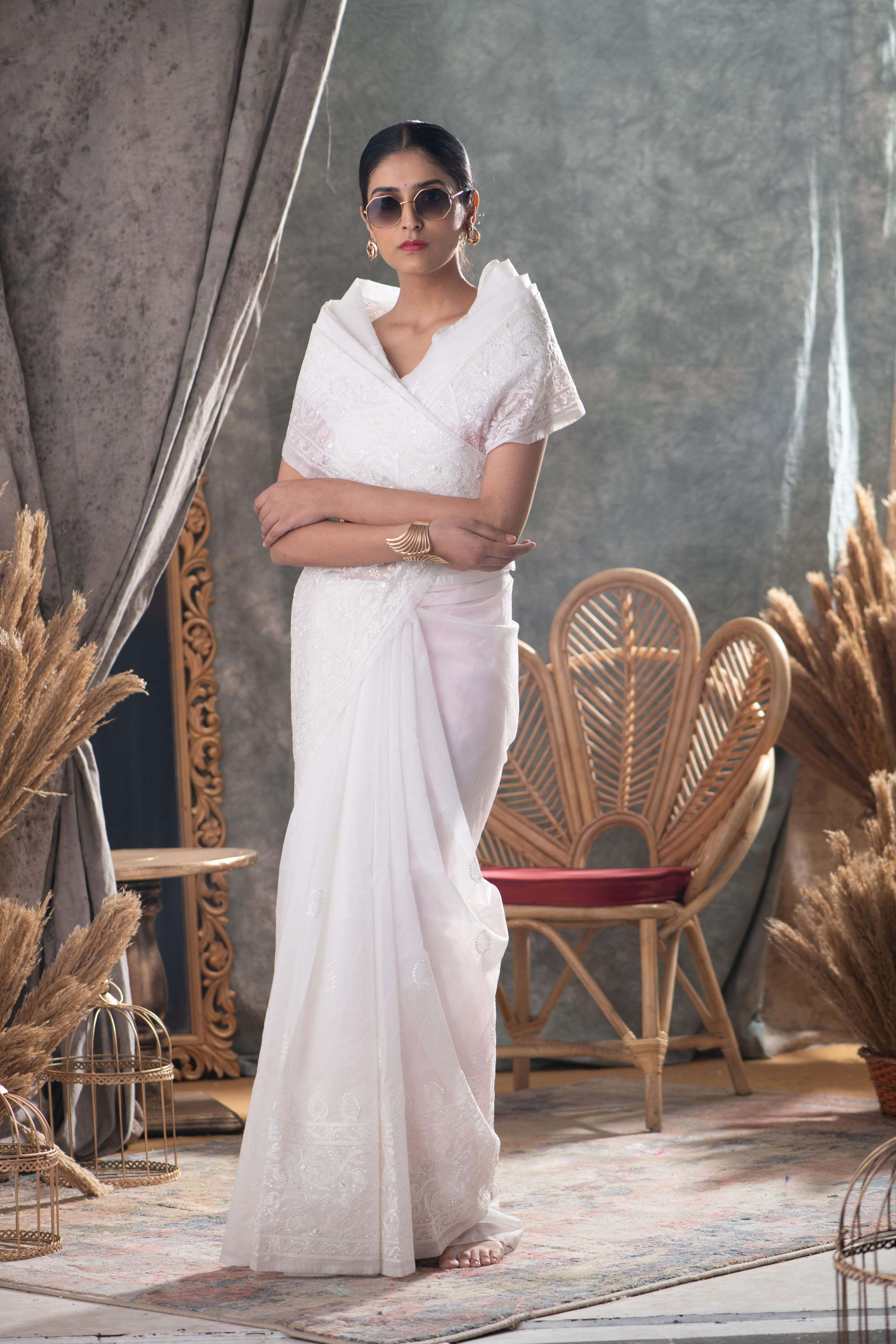 White Chikankari Saree