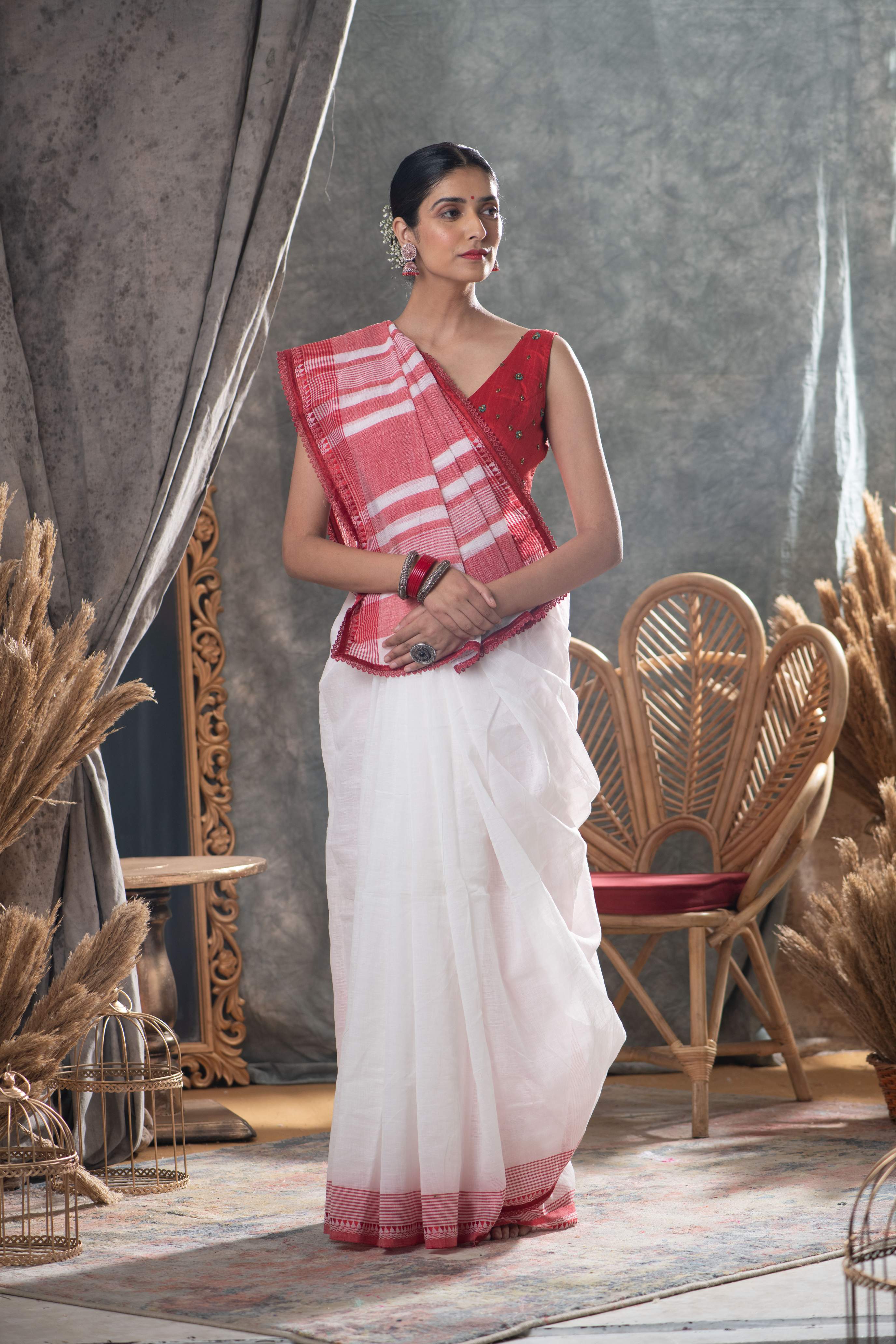 White Red Cotton Saree