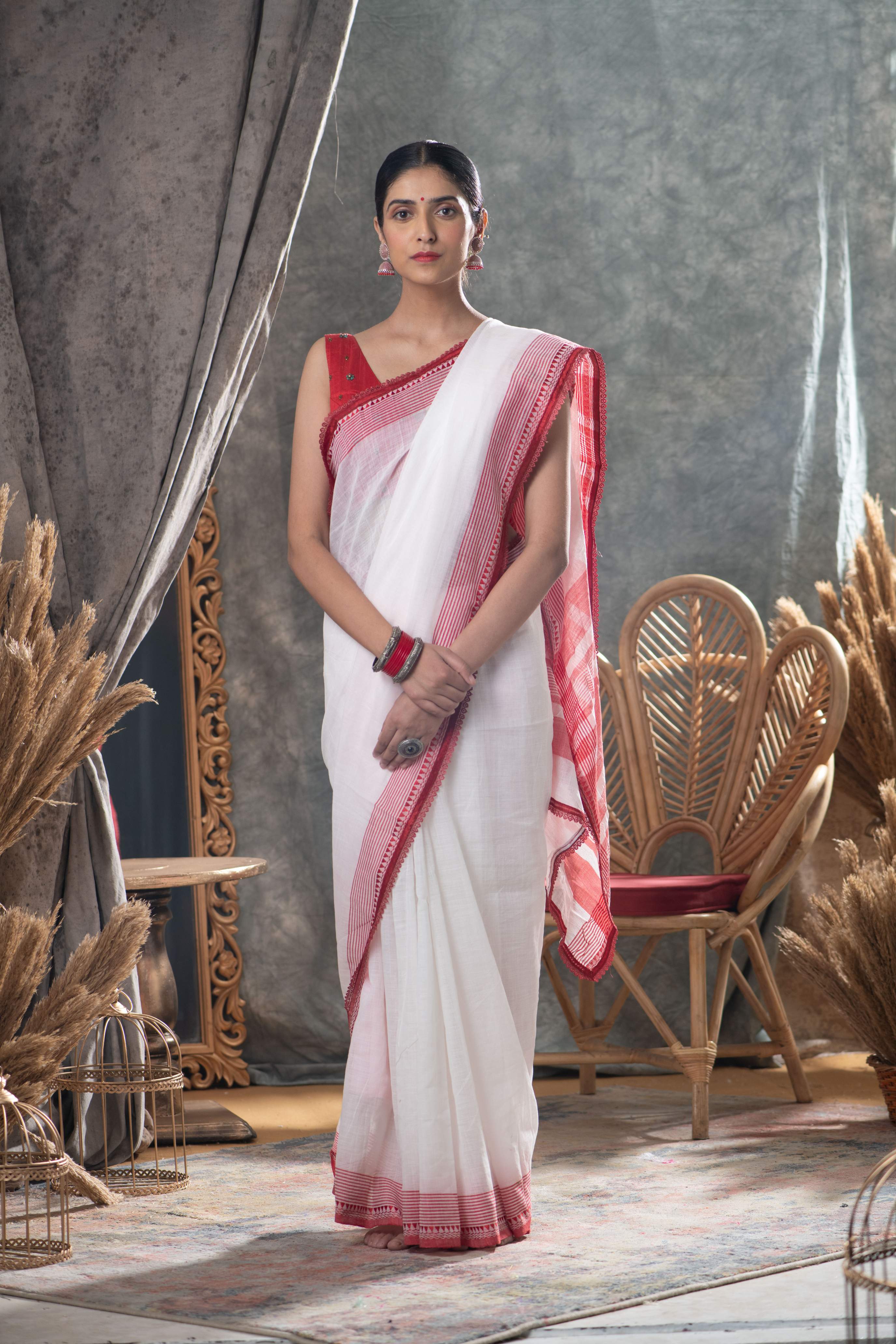 White Red Cotton Saree