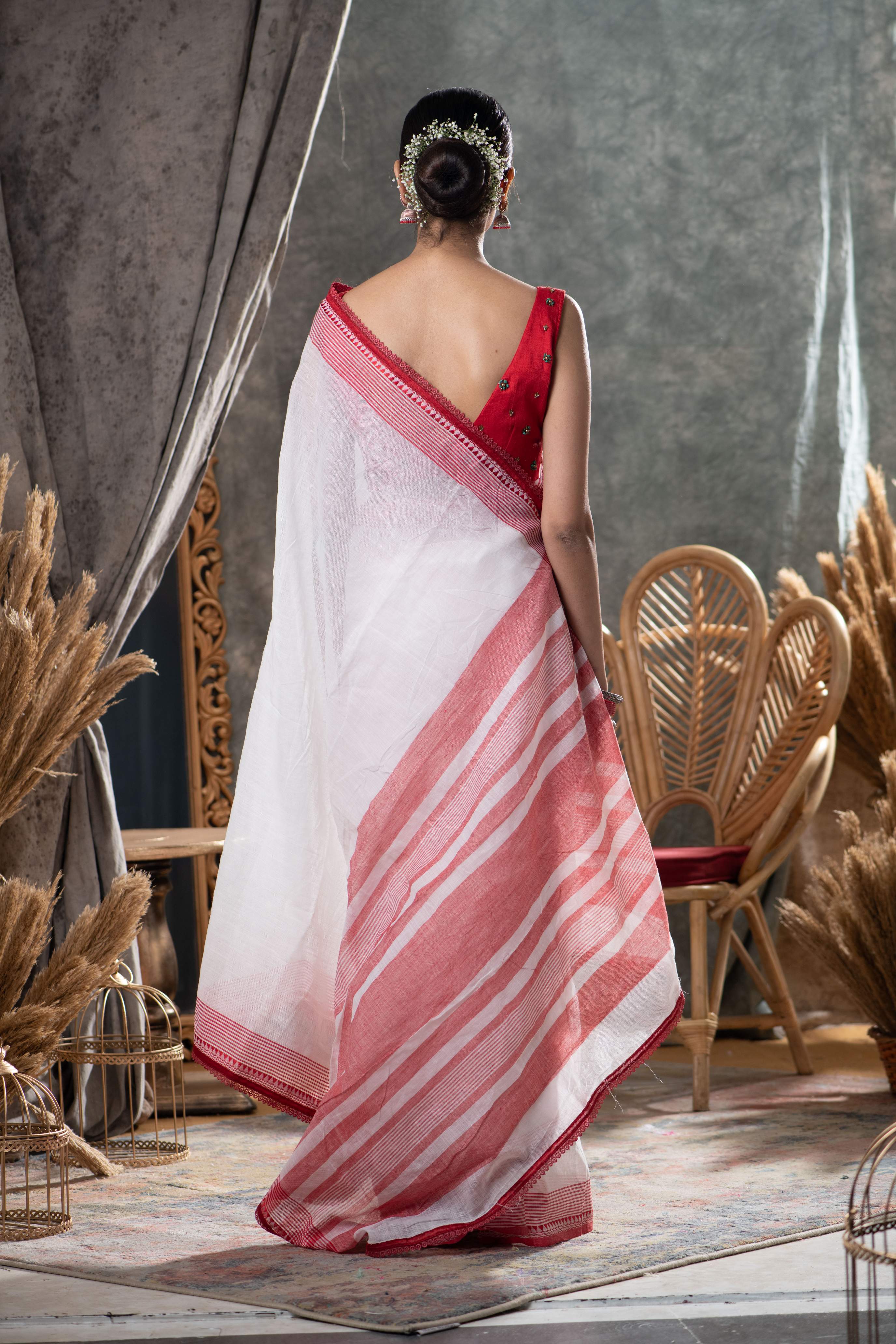 White Red Cotton Saree