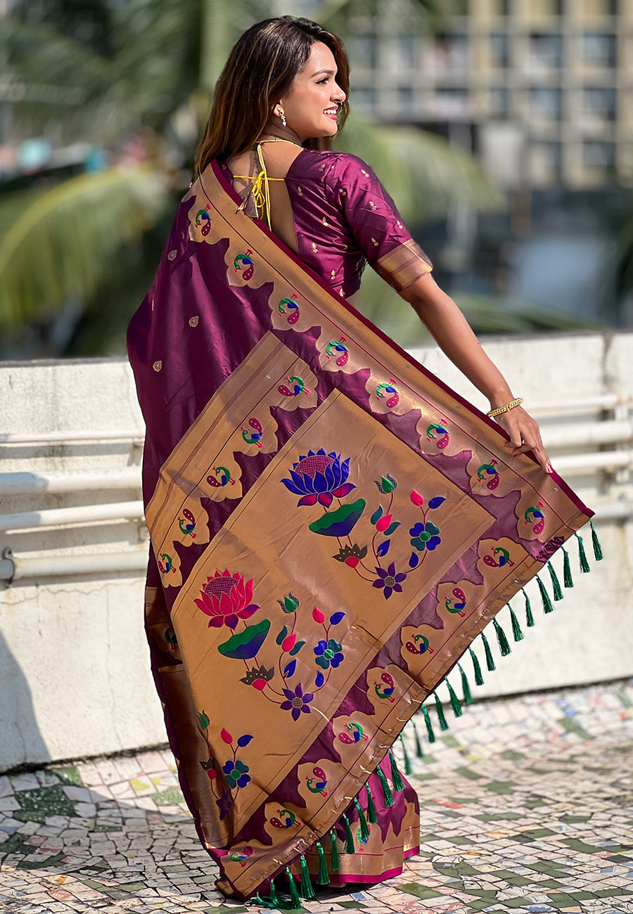 WINE BANARASI SILK BLEND SAREE