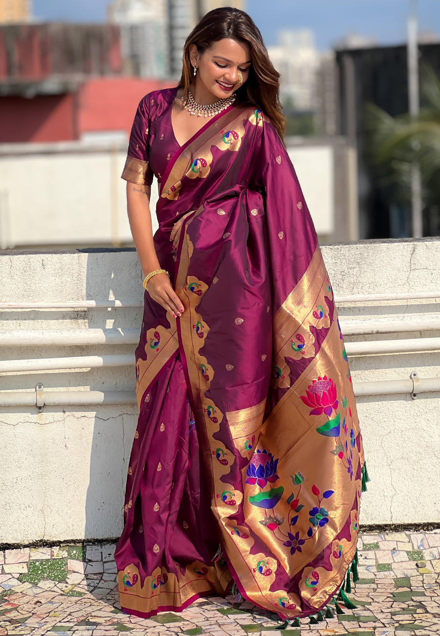 WINE BANARASI SILK BLEND SAREE
