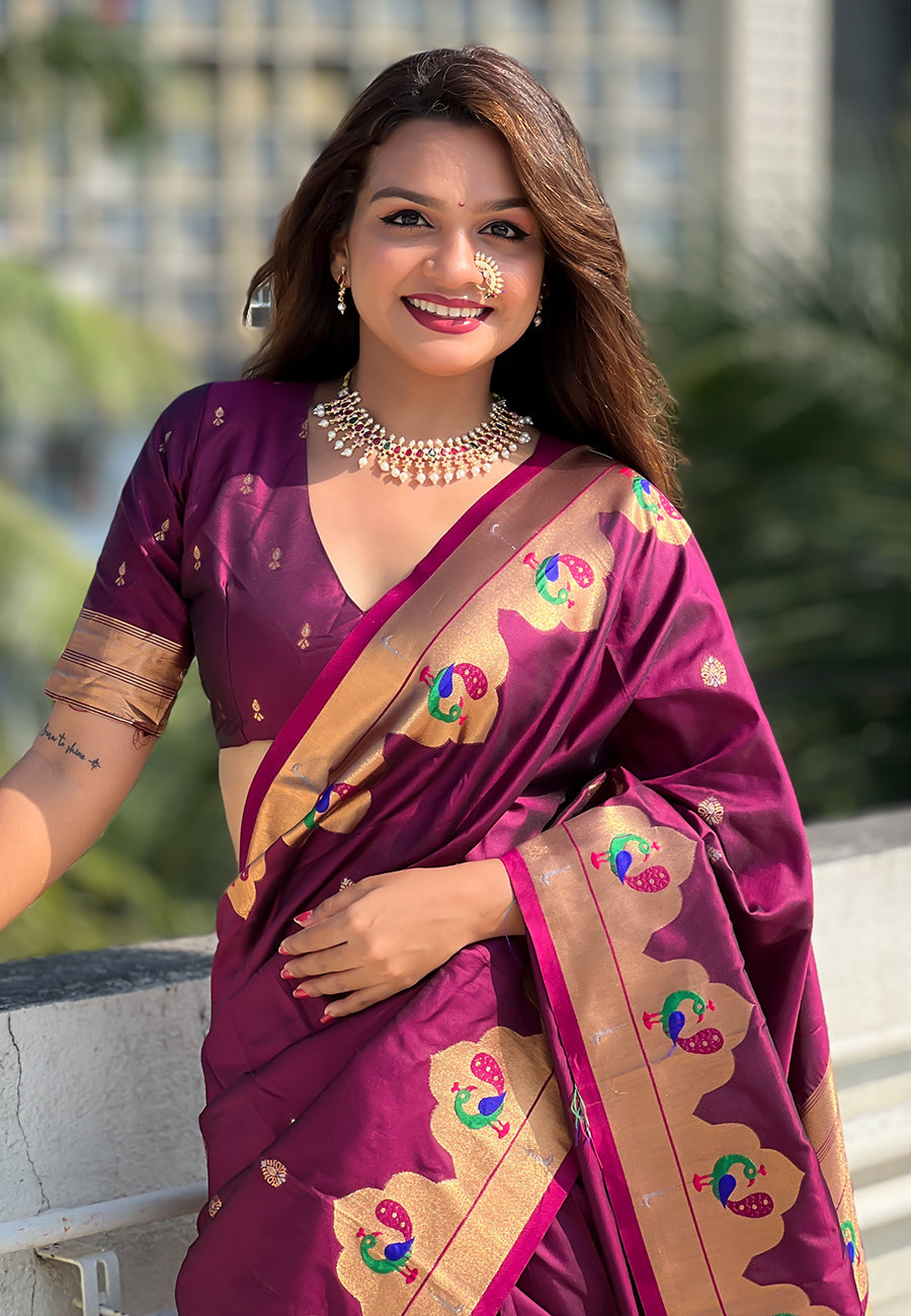 WINE BANARASI SILK BLEND SAREE