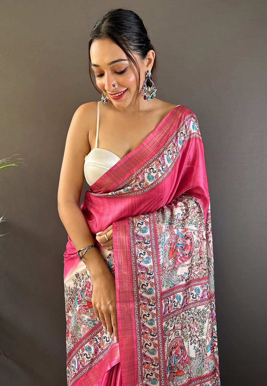 PINK TUSSAR MADHUBANI PRINTED SAREE