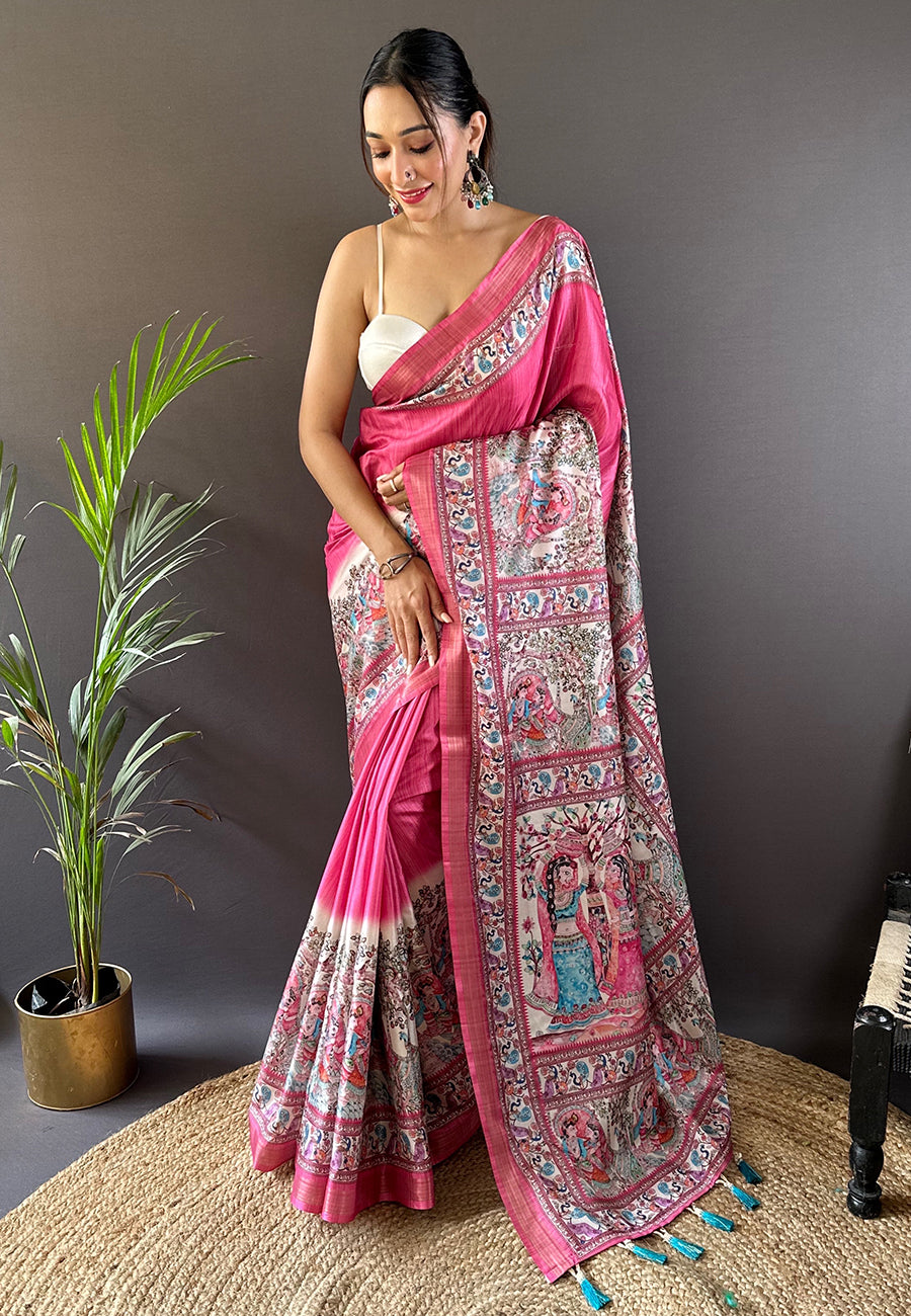 PINK TUSSAR MADHUBANI PRINTED SAREE