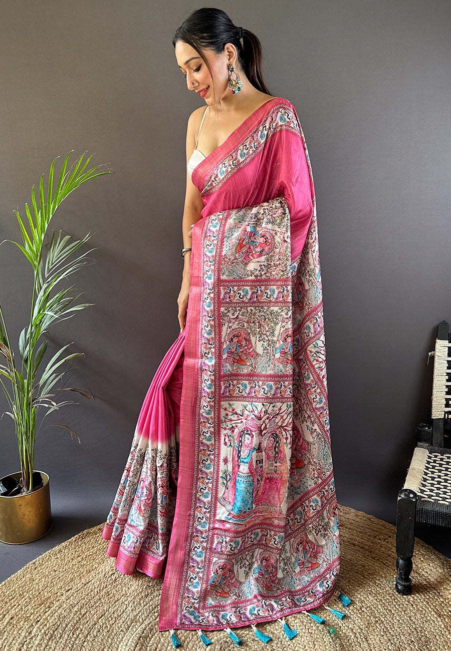 PINK TUSSAR MADHUBANI PRINTED SAREE
