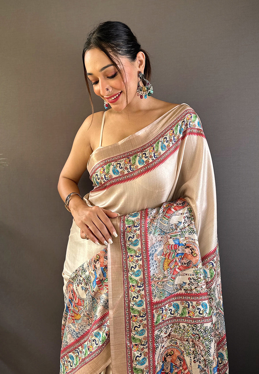 CREAM TUSSAR MADHUBANI PRINTED SAREE