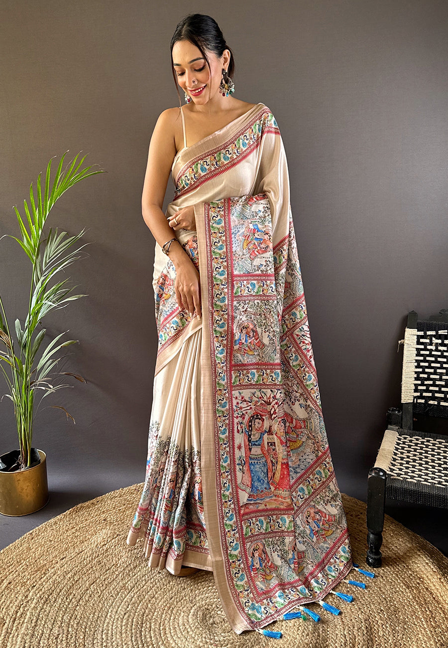 CREAM TUSSAR MADHUBANI PRINTED SAREE