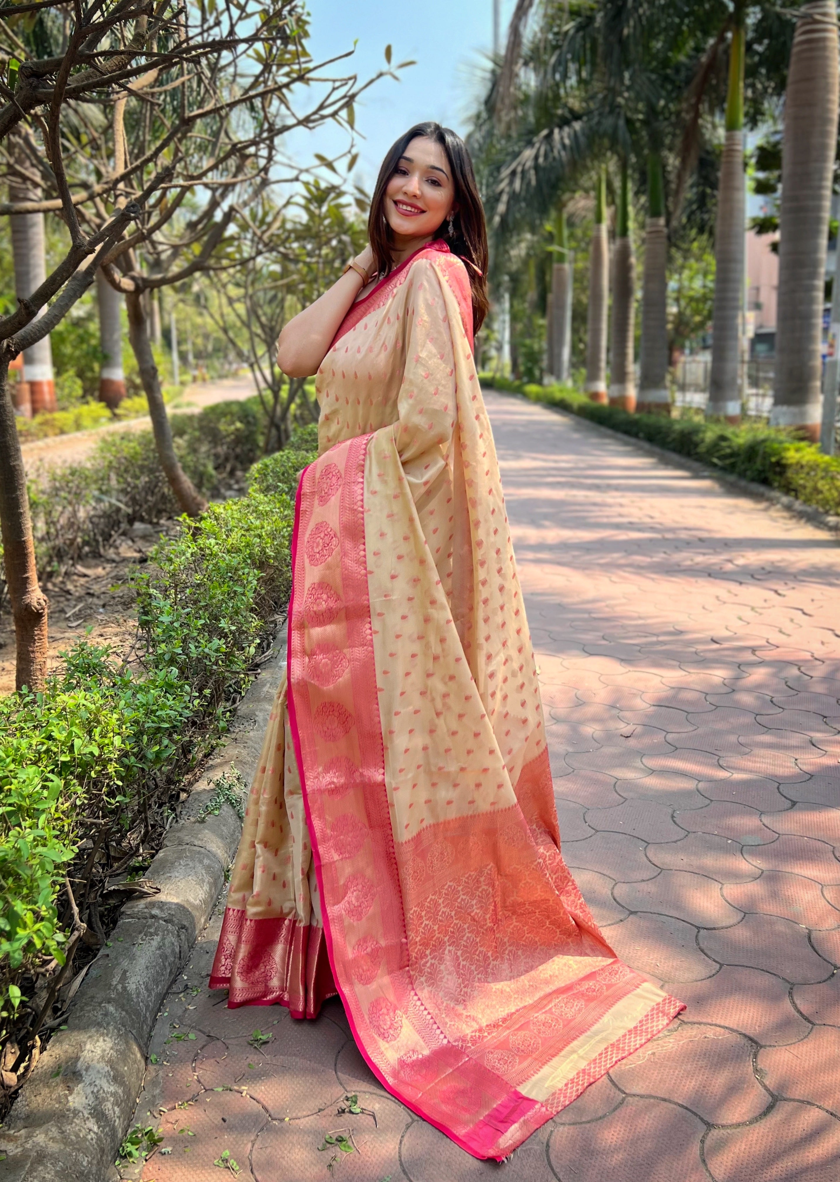 Chickoo Cream Banarasi Saree