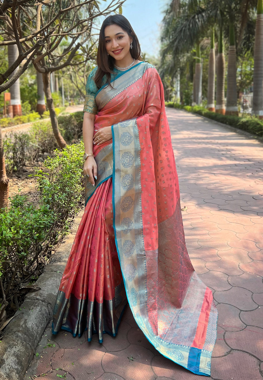 Peach Red Banarasi Saree