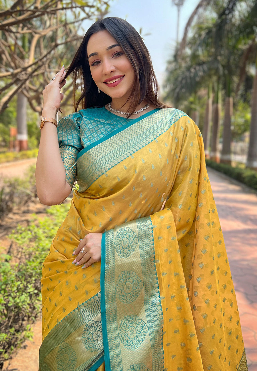 Bright Yellow Banarasi Saree