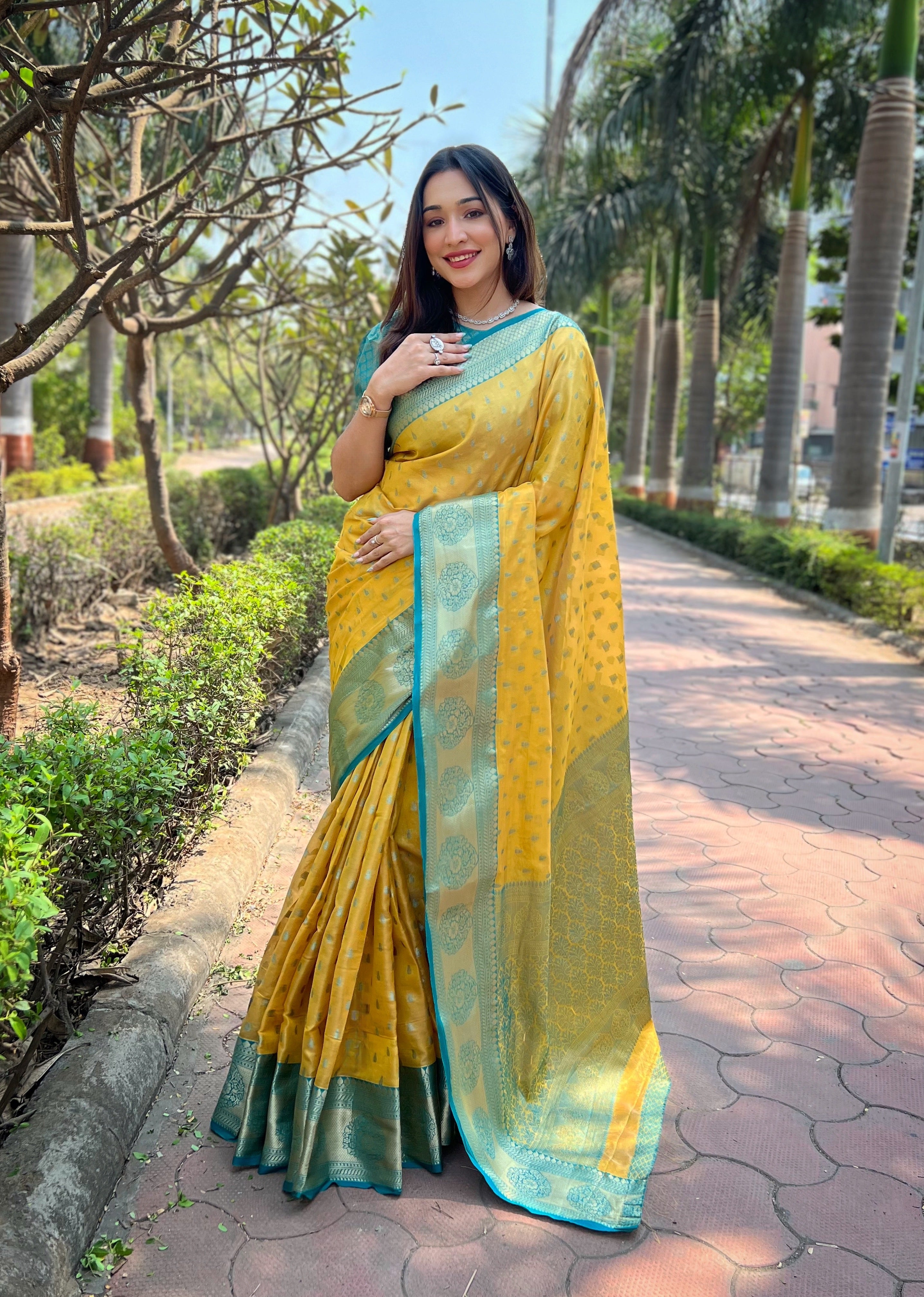 Bright Yellow Banarasi Saree