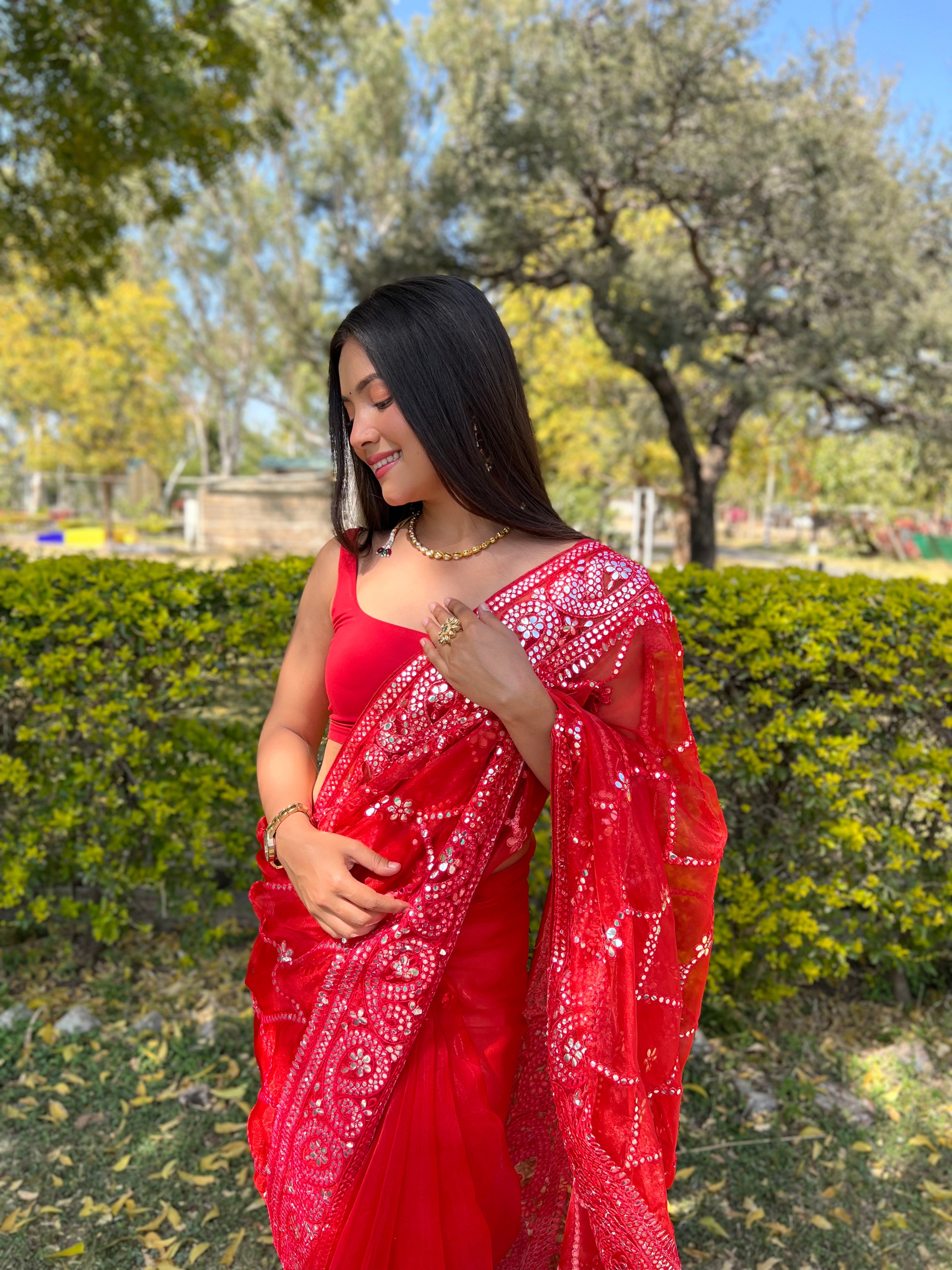 Red Organza Saree With Satin Benglori Blouse