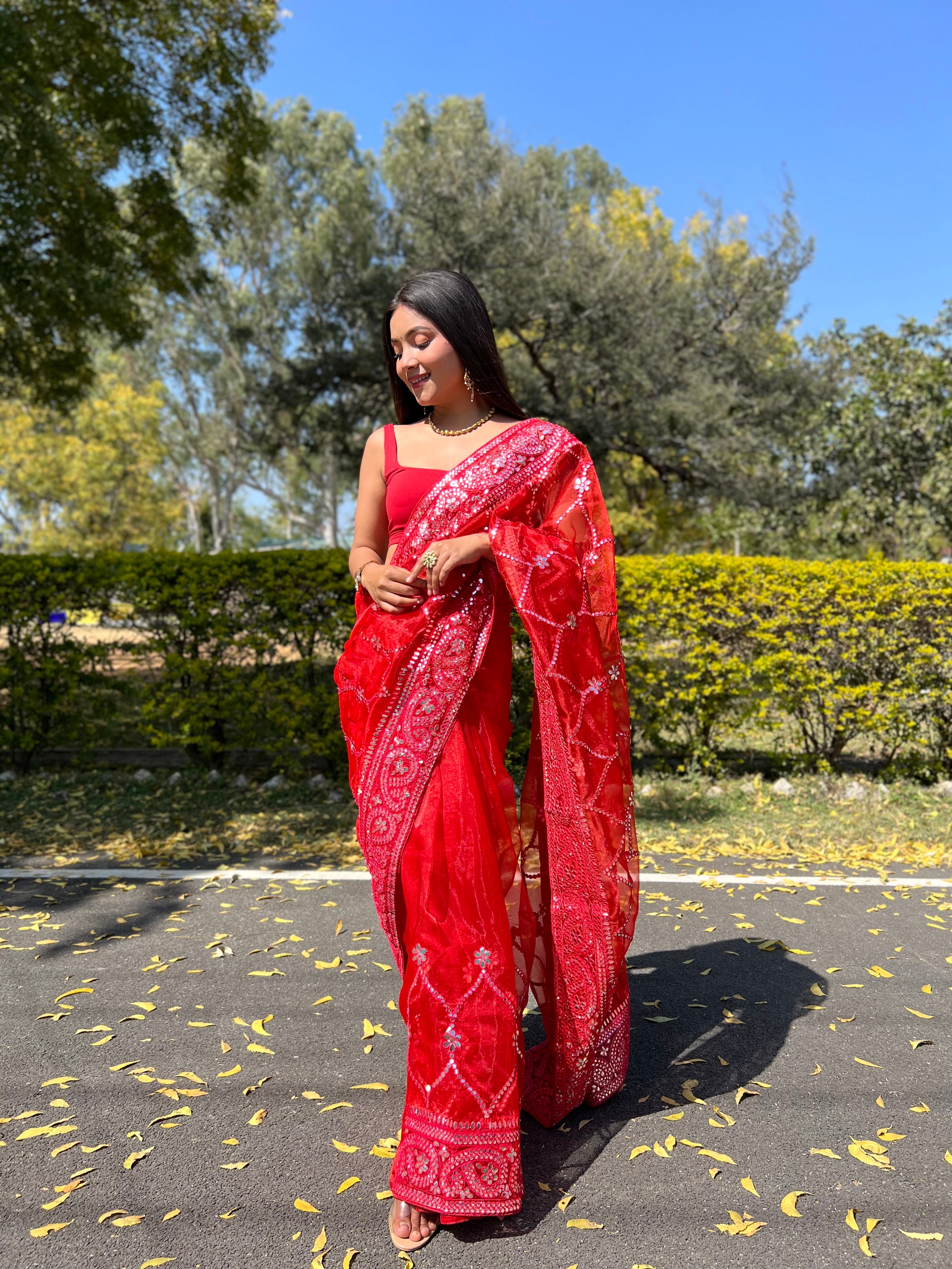 Red Organza Saree With Satin Benglori Blouse