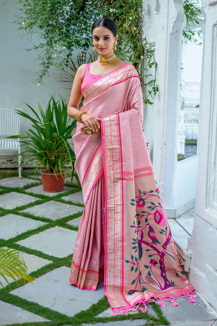 Pink Kanjeevaram Silk Blend Saree