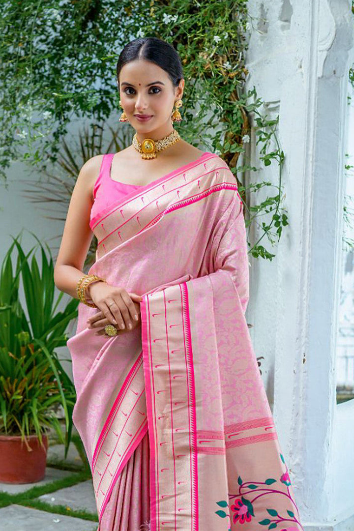 Pink Kanjeevaram Silk Blend Saree