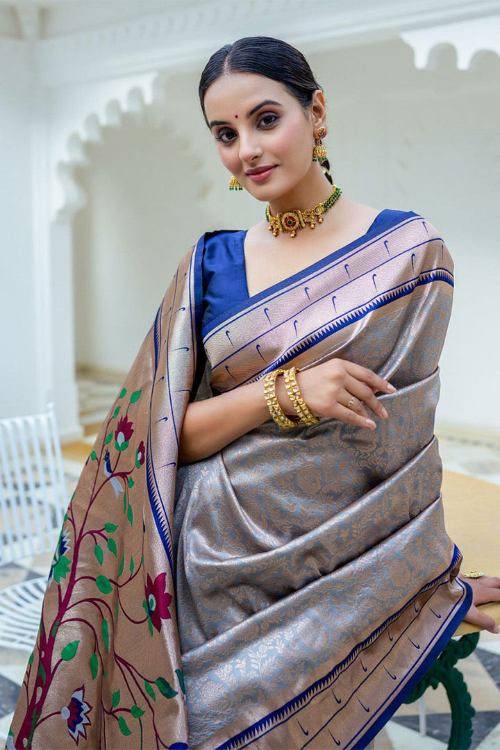 Grey Kanjeevaram Silk Blend Saree