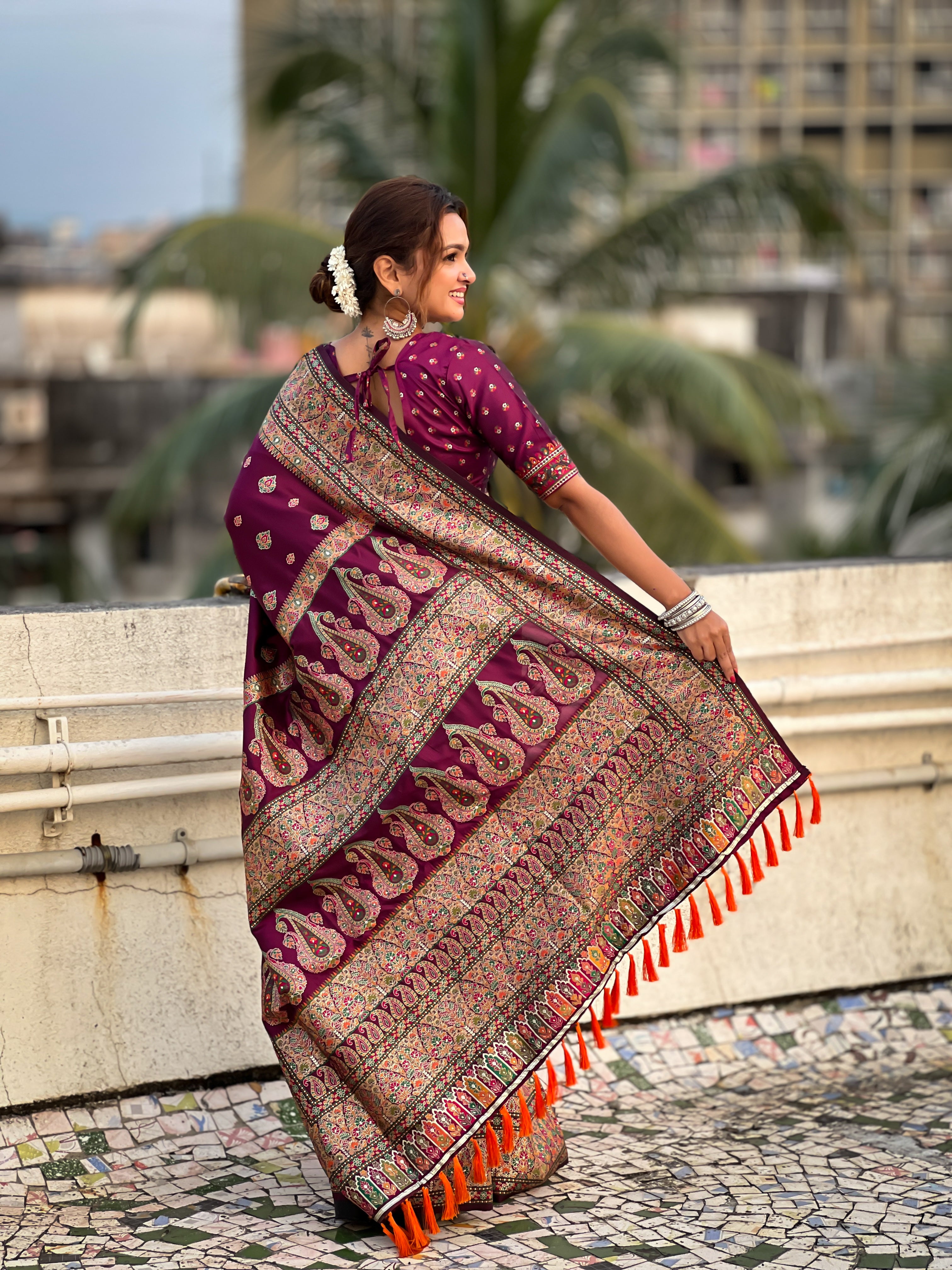 WINE BANARASI SILK BLEND SAREE