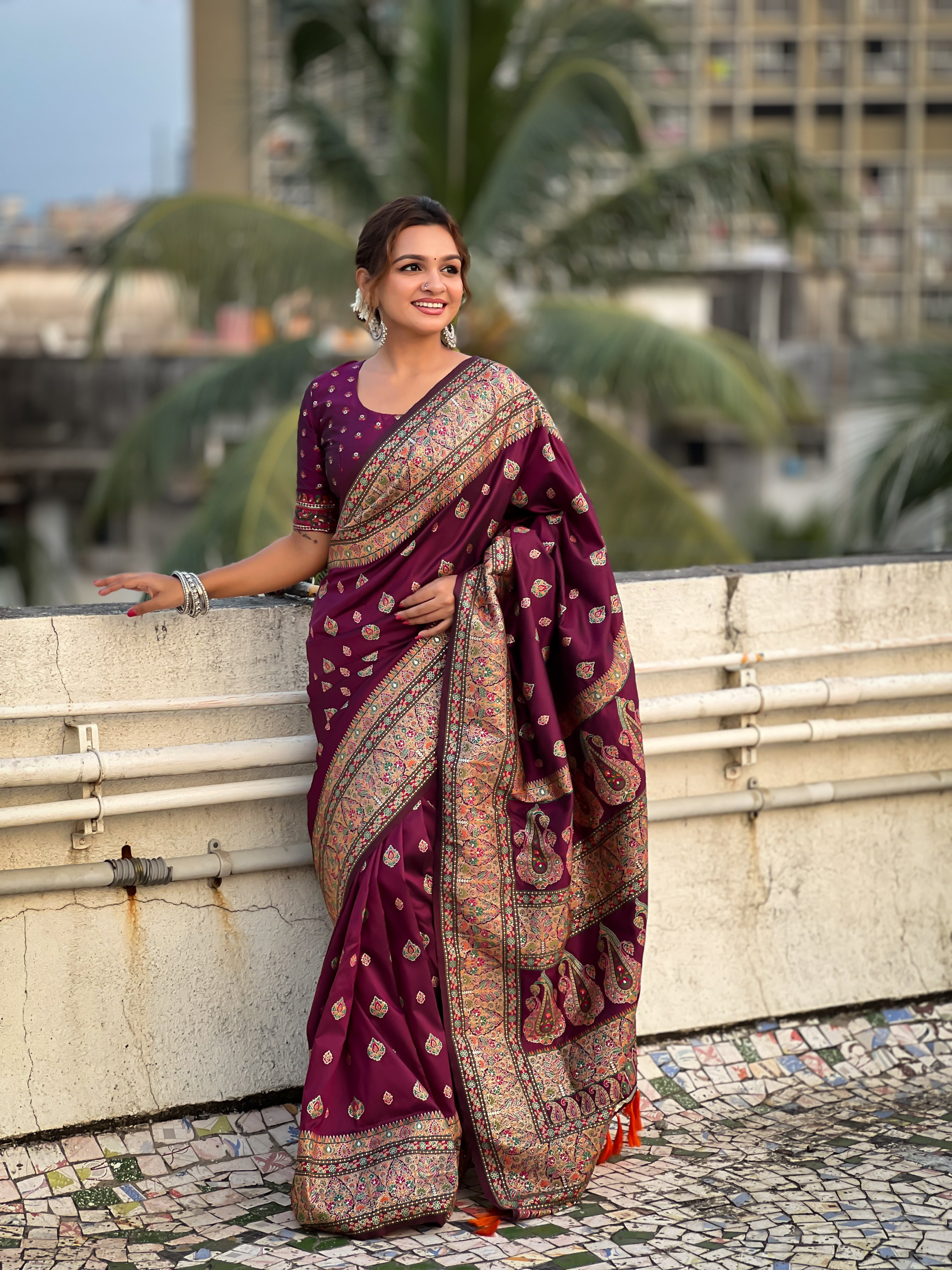 WINE BANARASI SILK BLEND SAREE